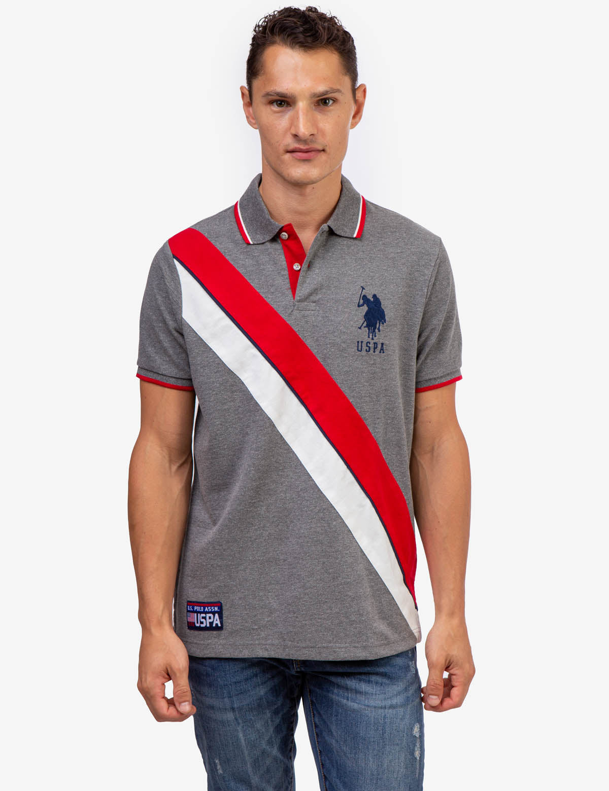 USPA Colorblock Pique Polo Shirt - Diagonal Design, Embroidered Logo