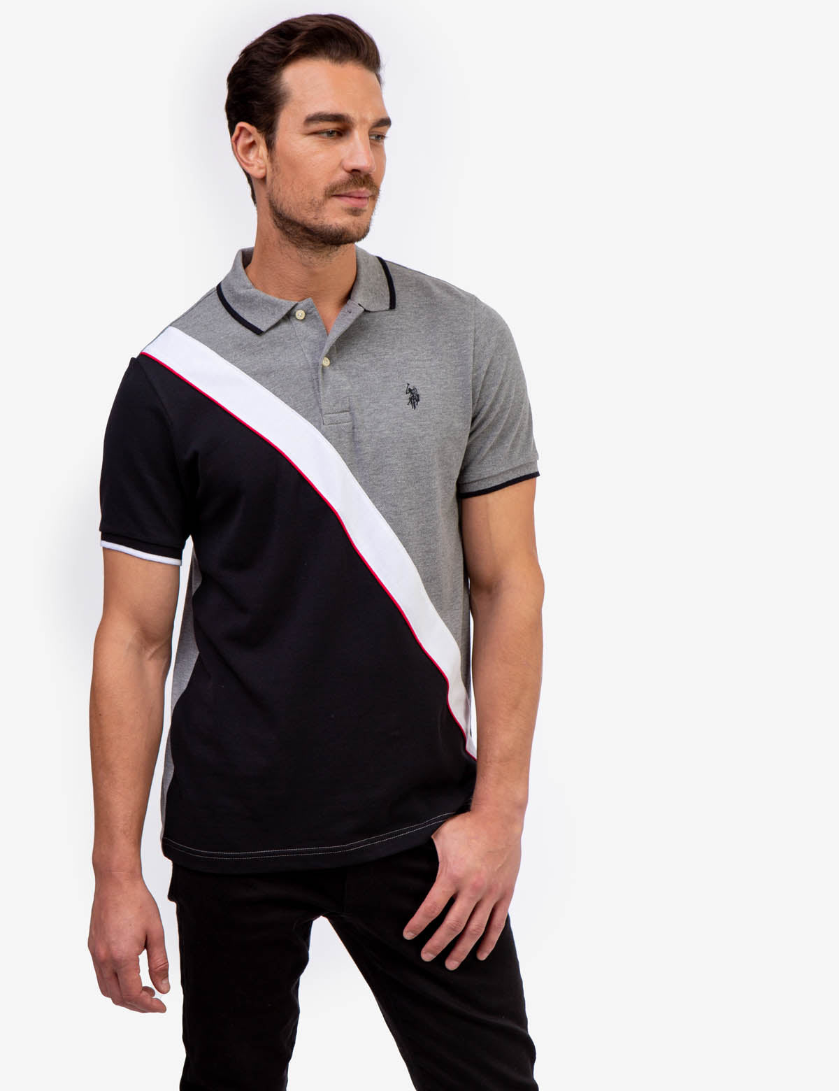 USPA Colorblock Pique Polo Shirt - Diagonal Design, Embroidered Logo