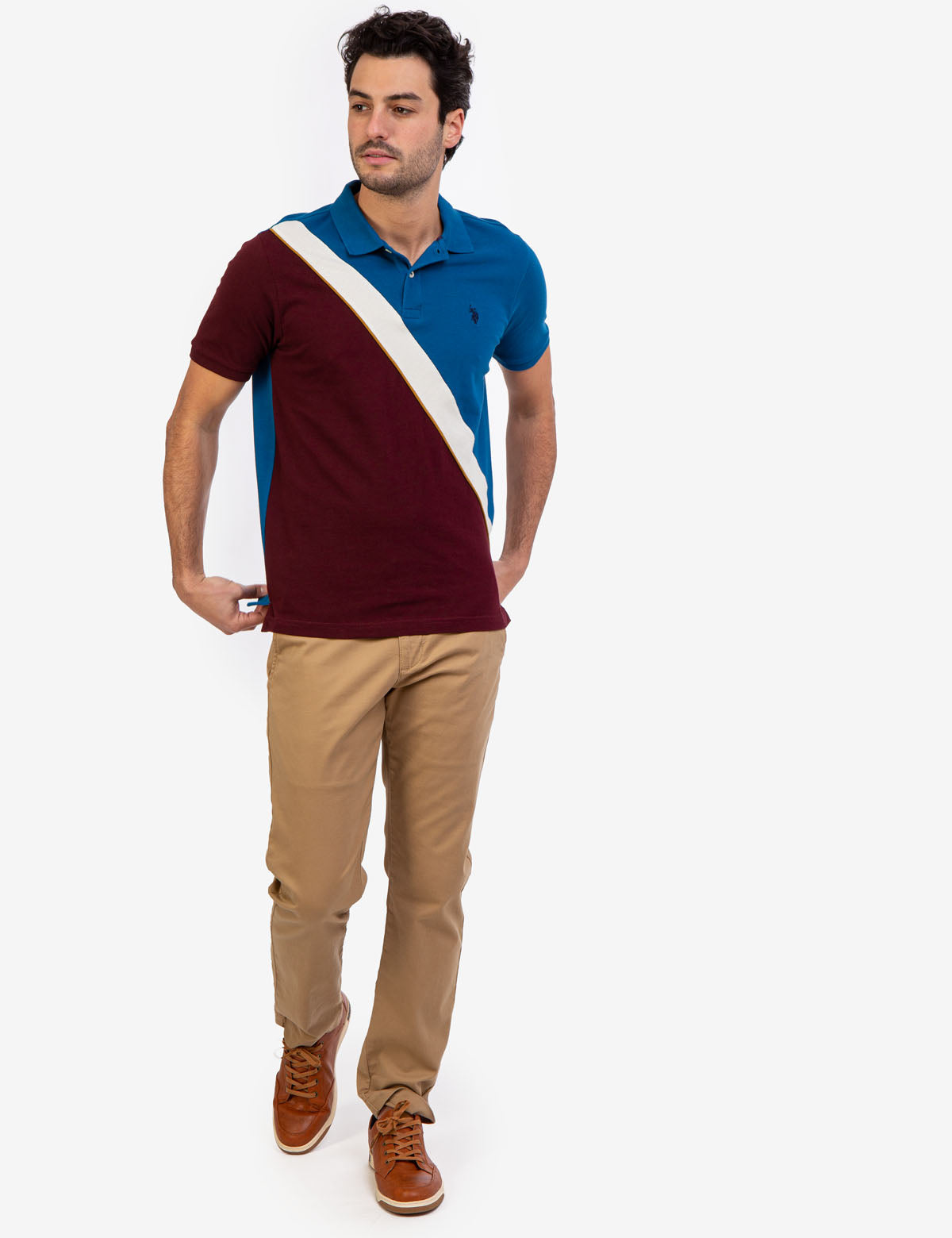Men's Diagonal Colorblock Polo Shirt - Short Sleeve Button Placket