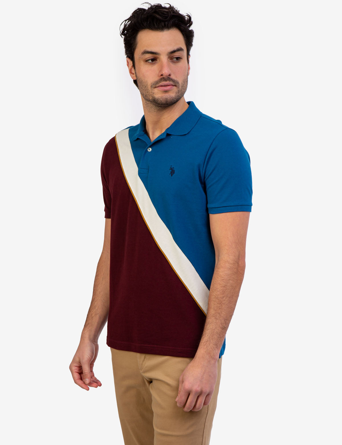 Men's Diagonal Colorblock Polo Shirt - Short Sleeve Button Placket
