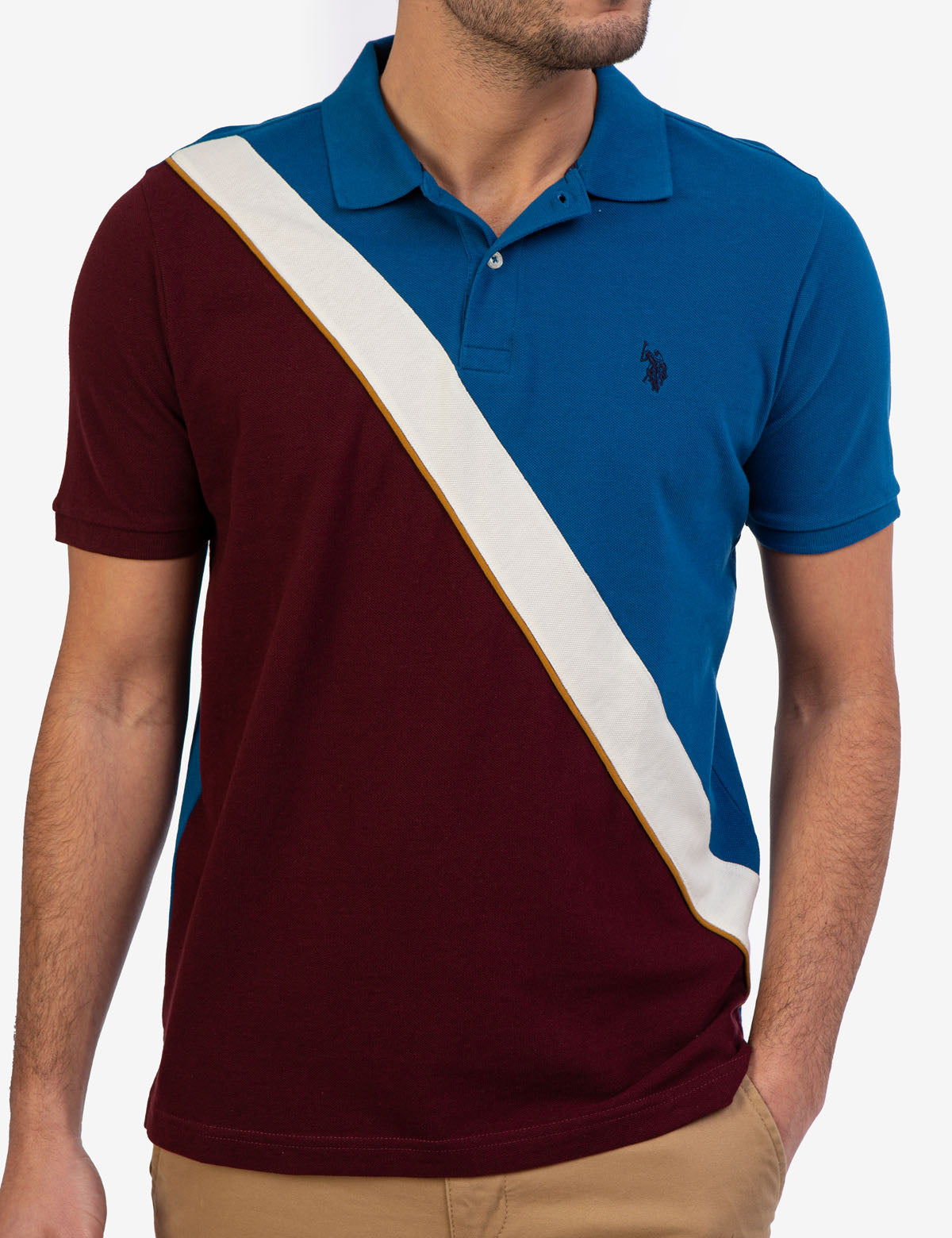 Men's Diagonal Colorblock Polo Shirt - Short Sleeve Button Placket