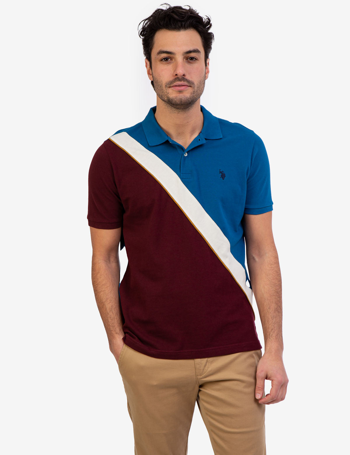Men's Diagonal Colorblock Polo Shirt - Short Sleeve Button Placket