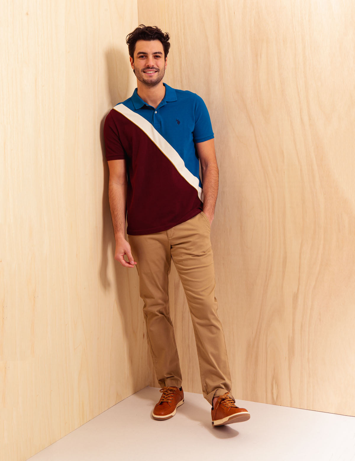 Men's Diagonal Colorblock Polo Shirt - Short Sleeve Button Placket