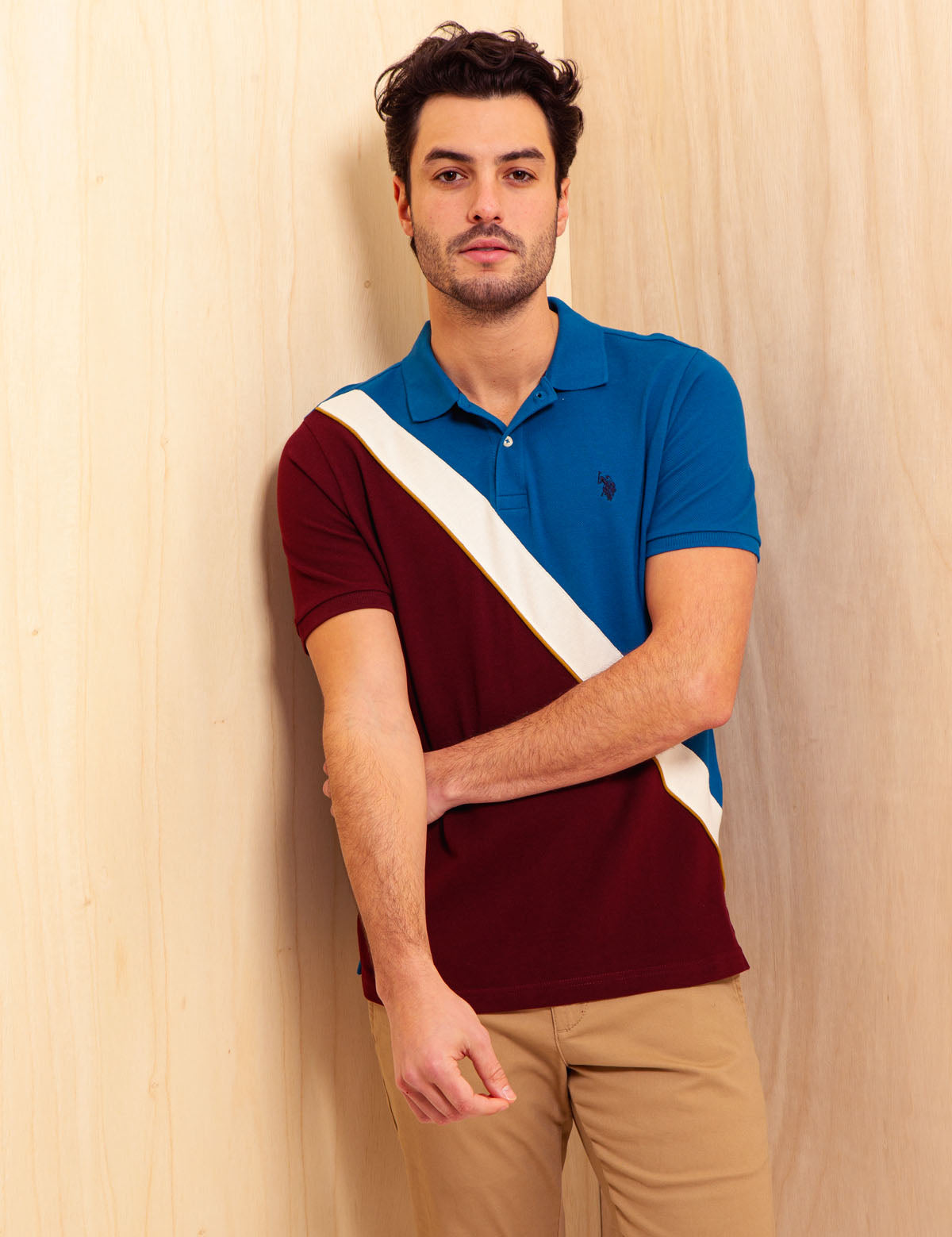Men's Diagonal Colorblock Polo Shirt - Short Sleeve Button Placket