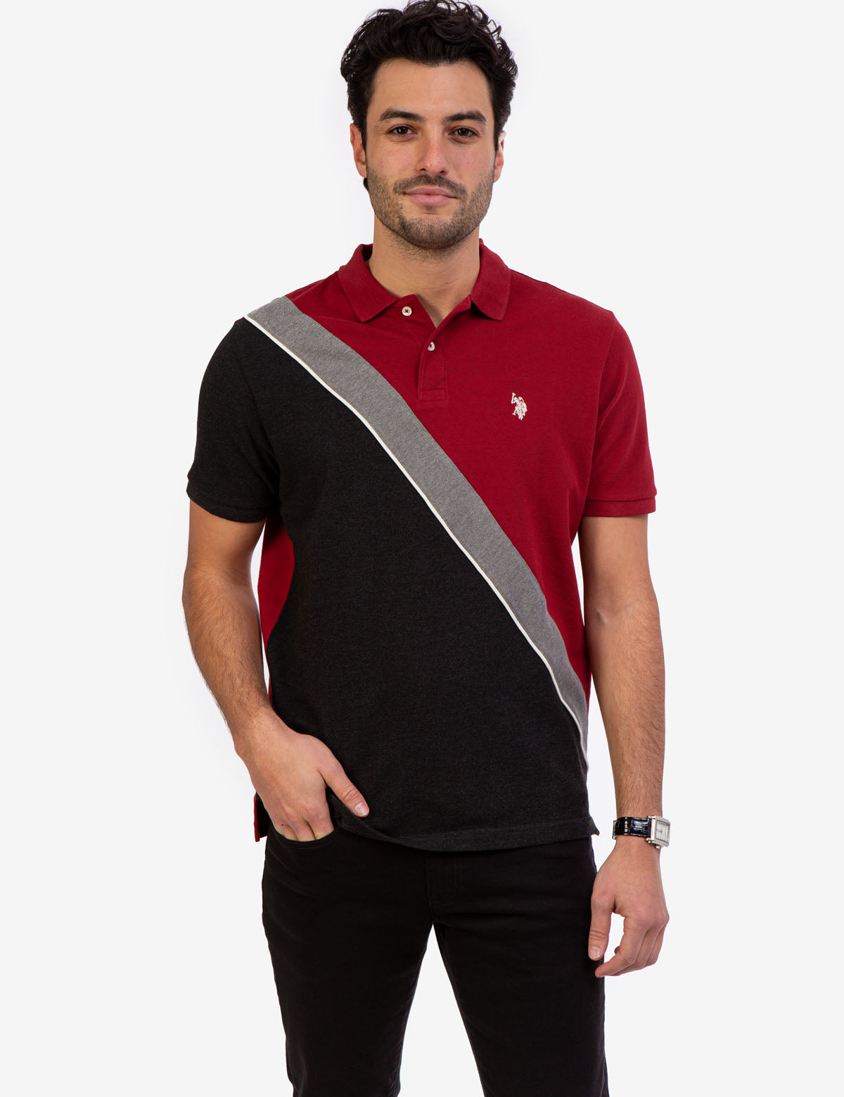 Men's Diagonal Colorblock Polo Shirt - Short Sleeve Button Placket