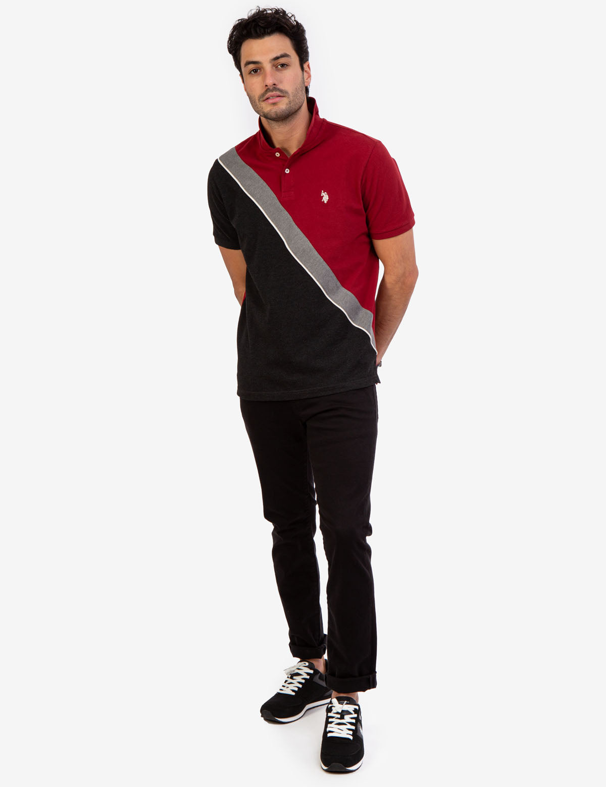Men's Diagonal Colorblock Polo Shirt - Short Sleeve Button Placket