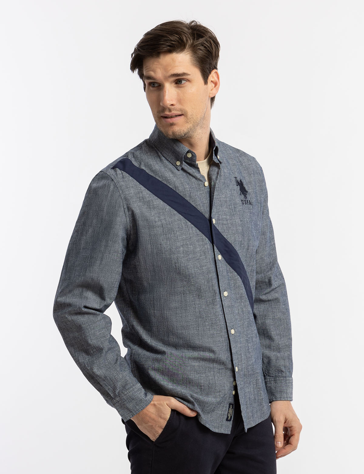 Diagonal Solid Canvas Long Sleeve Shirt – Casual Wear for Men