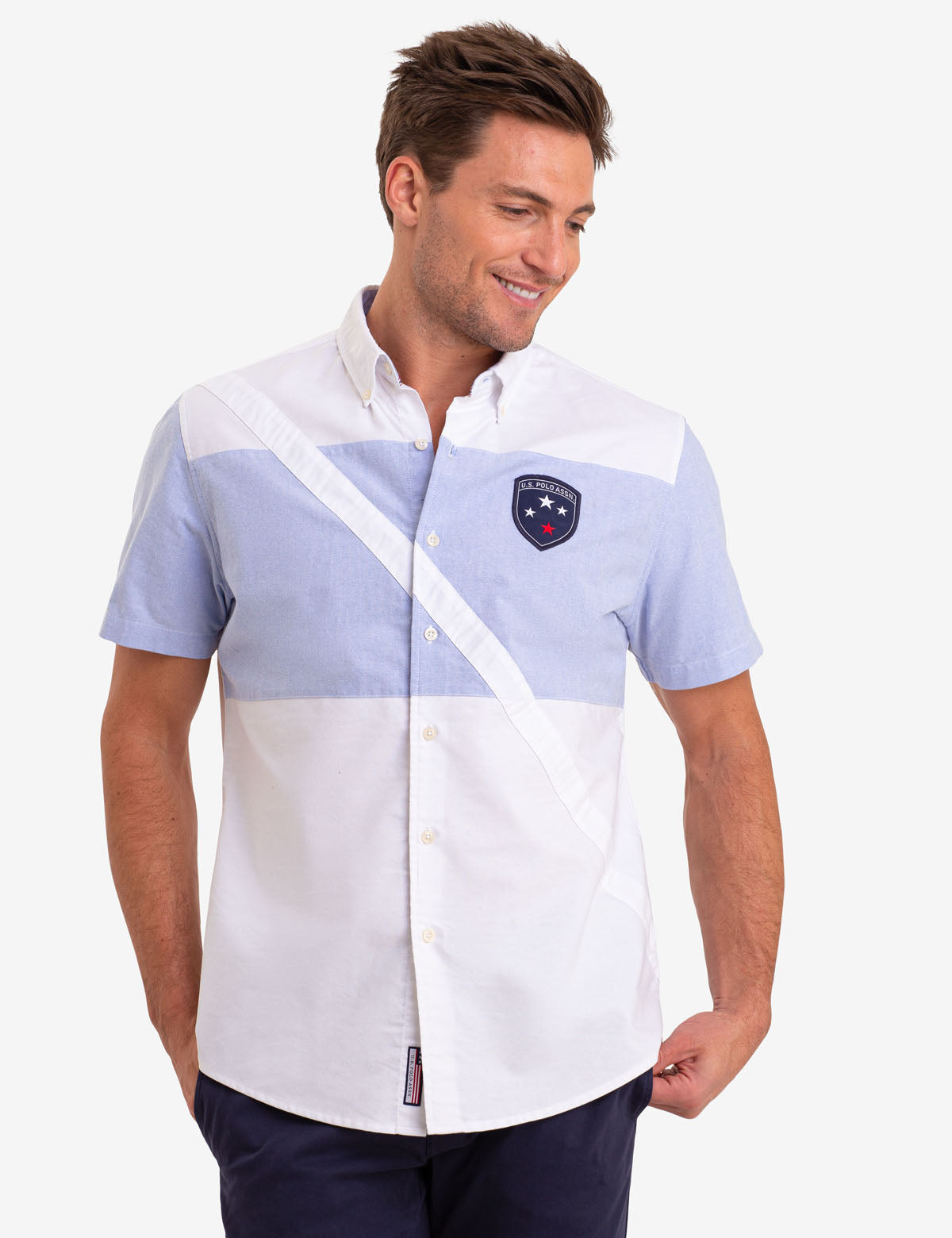 Men's Diagonal Stripe Oxford Short Sleeve Shirt with Logo