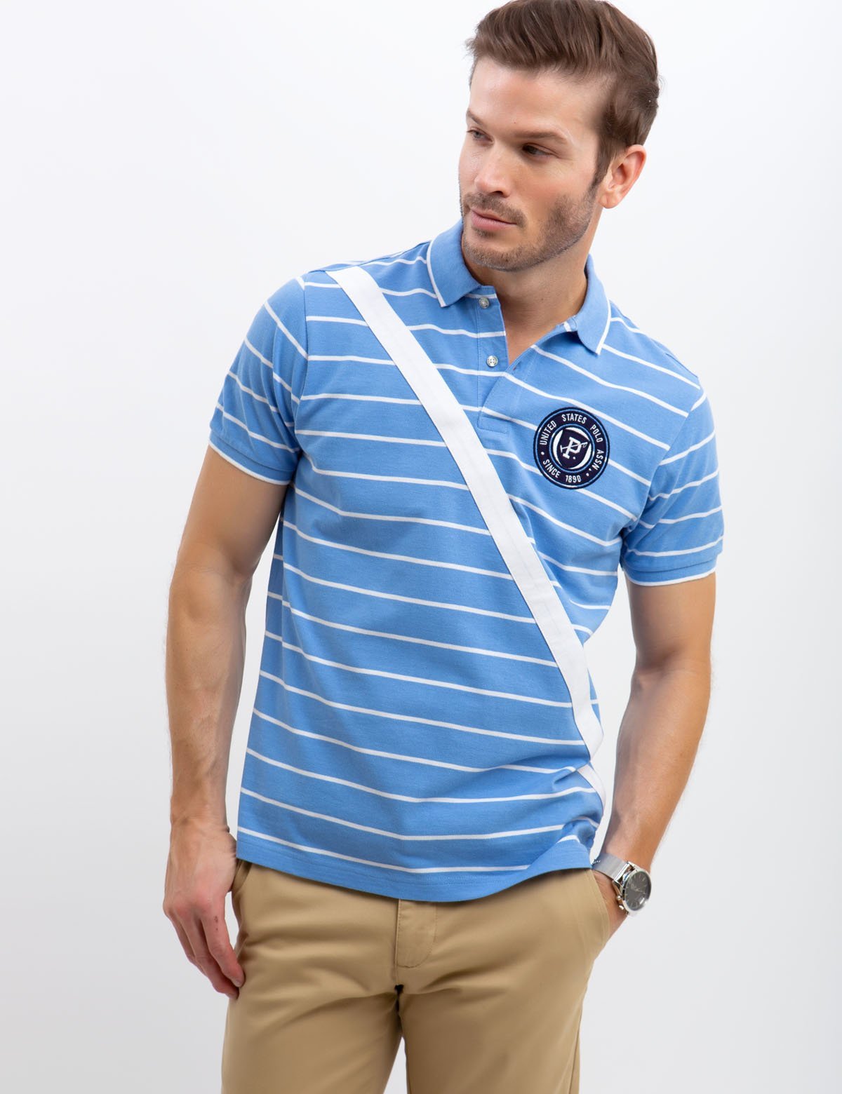 Men's Diagonal Striped Polo Shirt - Color Block Design