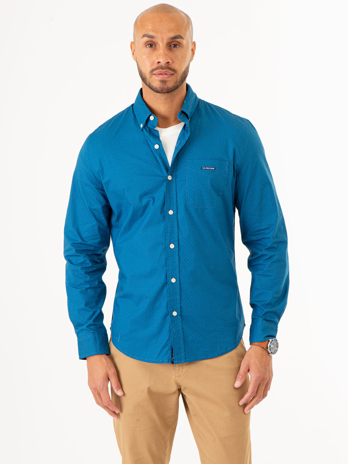 Diamond Print Long Sleeve Button-Up Shirt with Chest Pocket