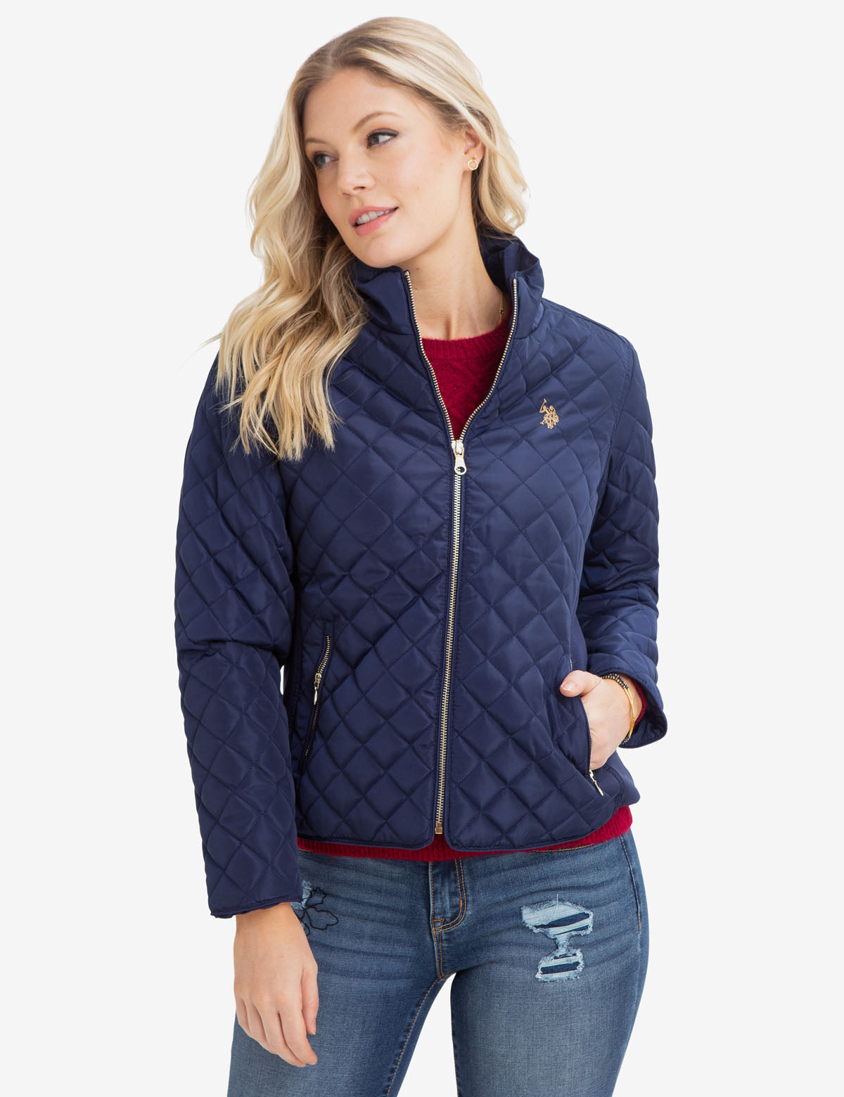 Diamond Quilted Knit Jacket with Embroidered Logo