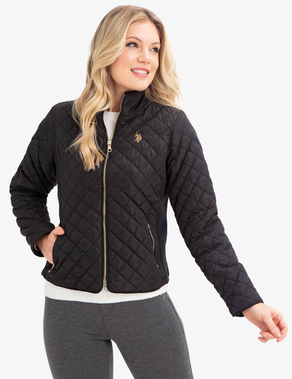 Diamond Quilted Knit Jacket with Embroidered Logo