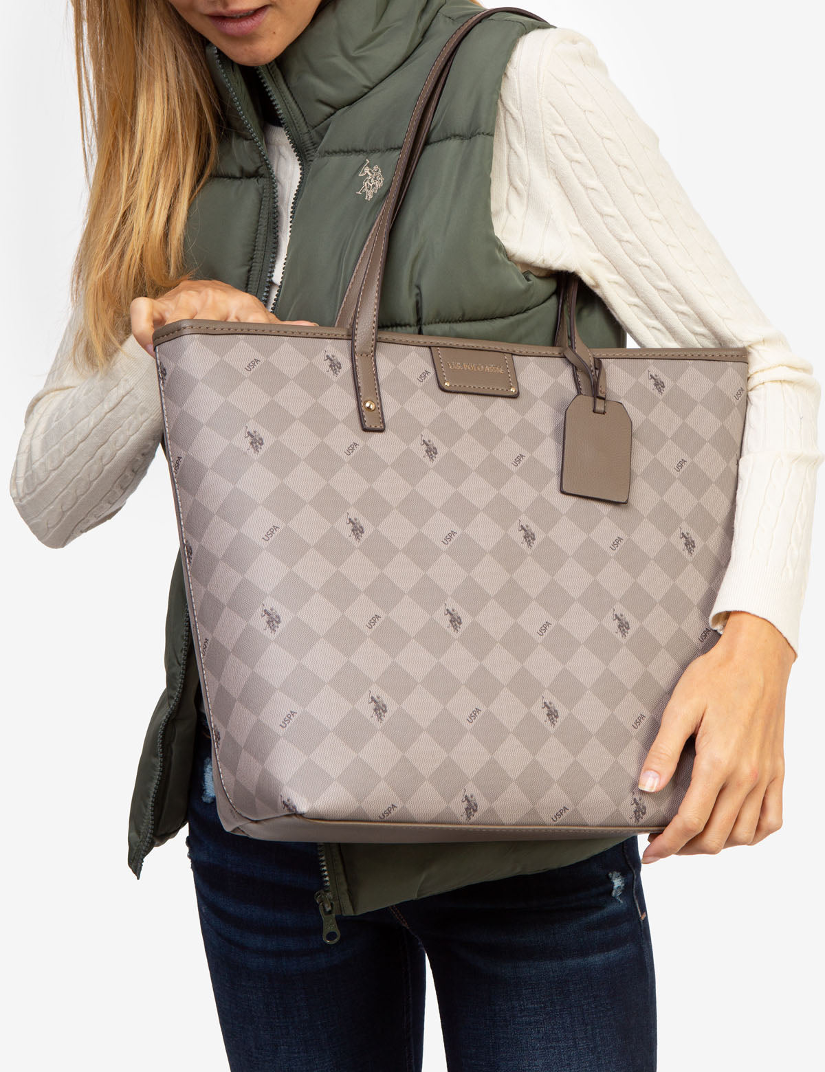 USPA Diamond Signature Tote Bag - PU Leather Zip Top Tote
