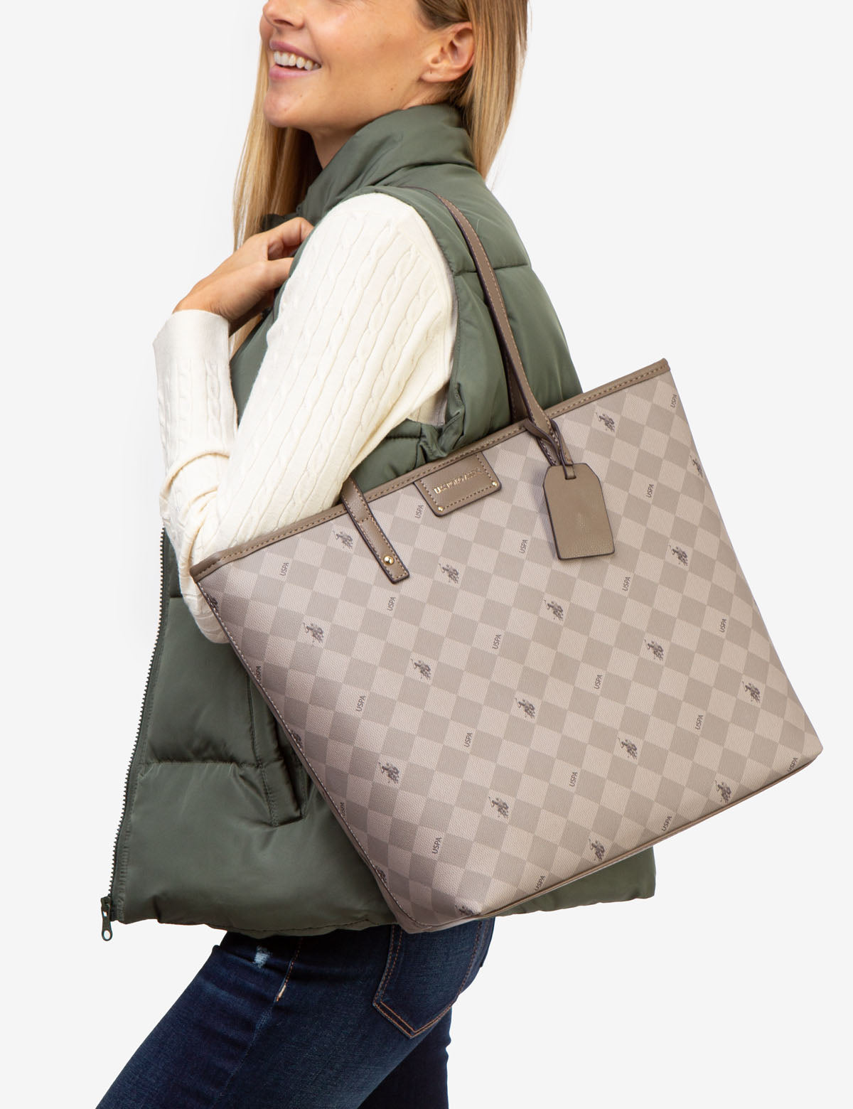 USPA Diamond Signature Tote Bag - PU Leather Zip Top Tote
