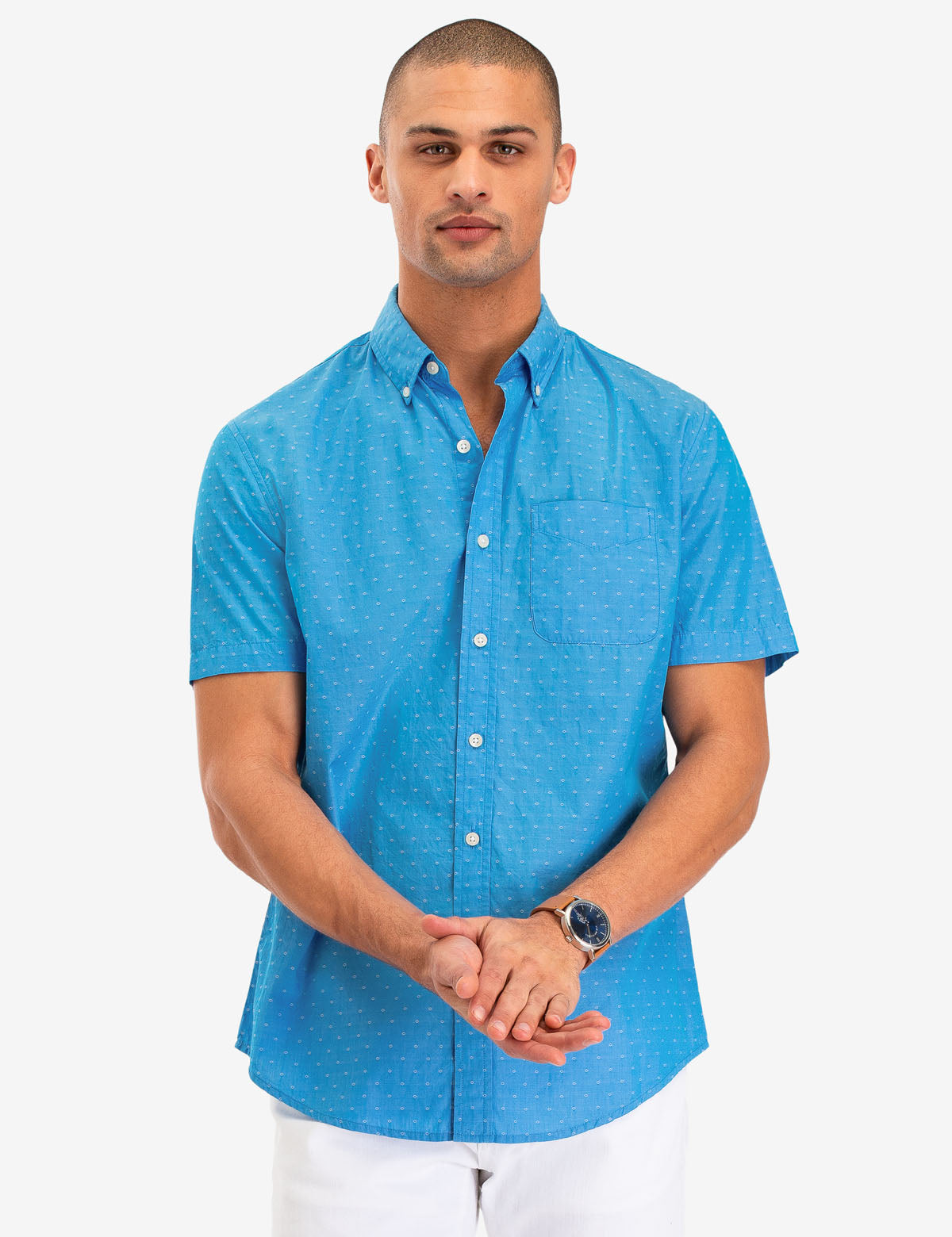 Men's Dobby Dot Print Short Sleeve Cotton Shirt