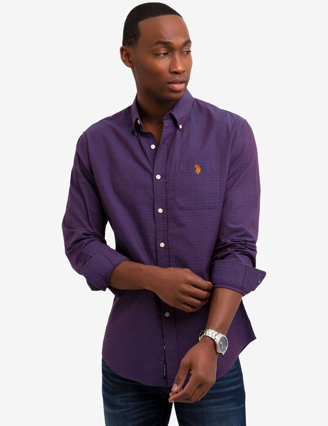 Dobby Dot Long Sleeve Cotton Shirt with Embroidered Logo Pocket
