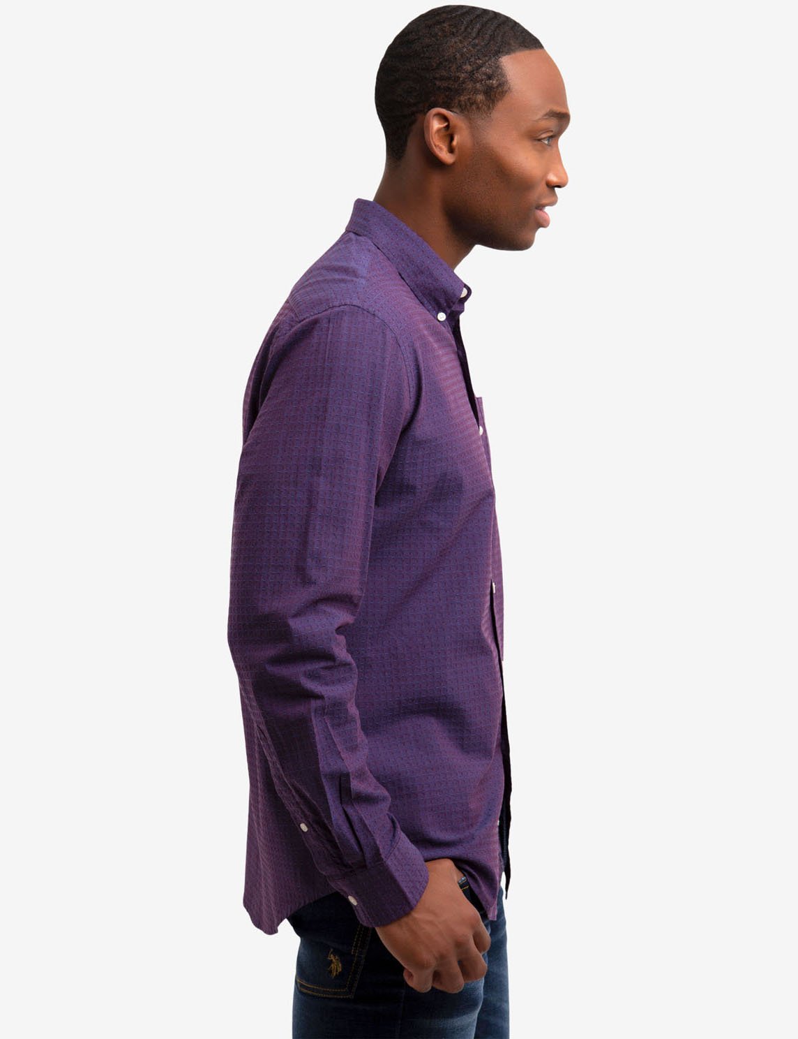 Dobby Dot Long Sleeve Cotton Shirt with Embroidered Logo Pocket