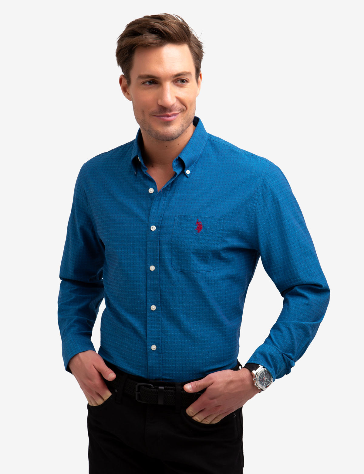 Dobby Dot Long Sleeve Cotton Shirt with Embroidered Logo Pocket