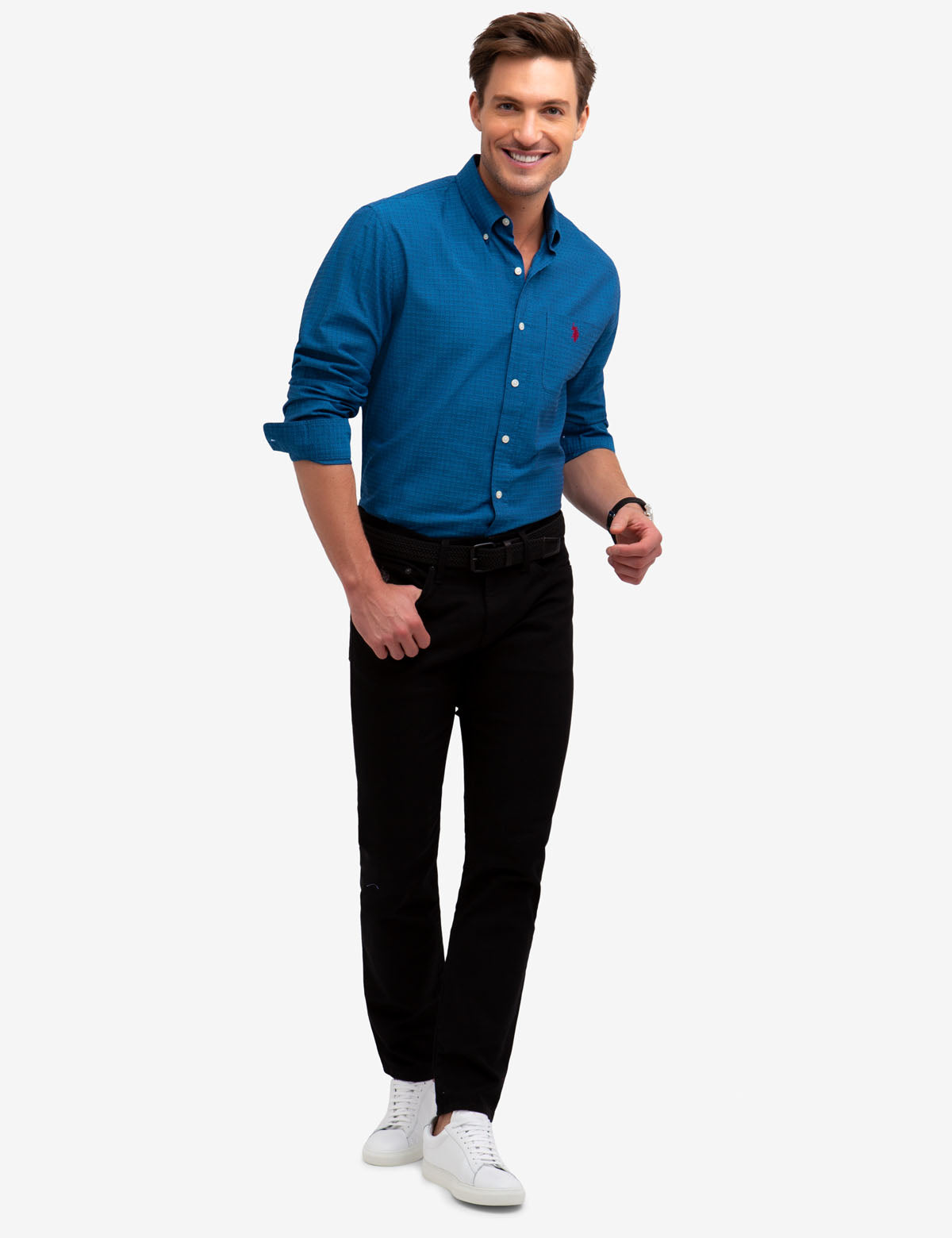 Dobby Dot Long Sleeve Cotton Shirt with Embroidered Logo Pocket