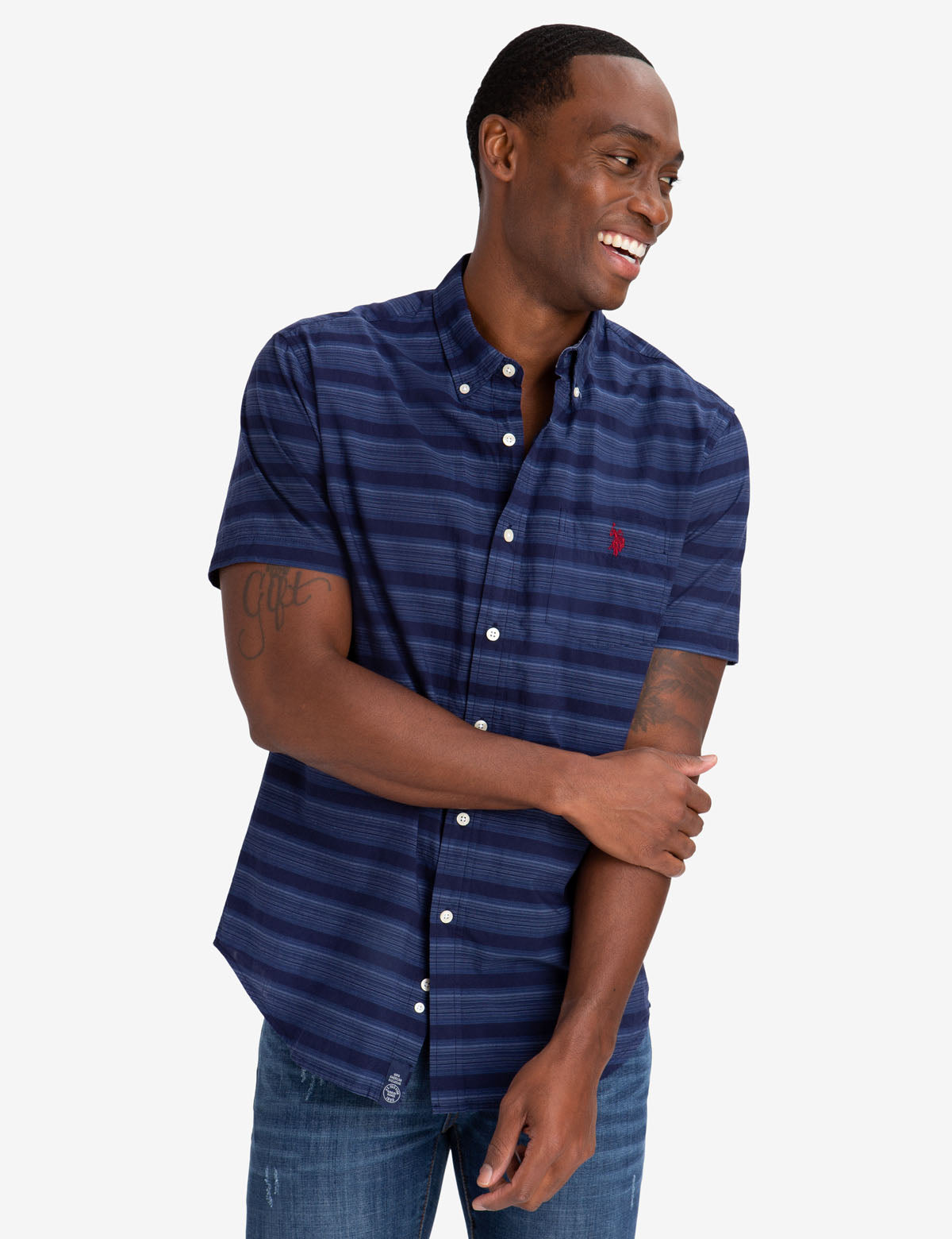 Dobby Striped Cotton Shirt with Embroidered Logo