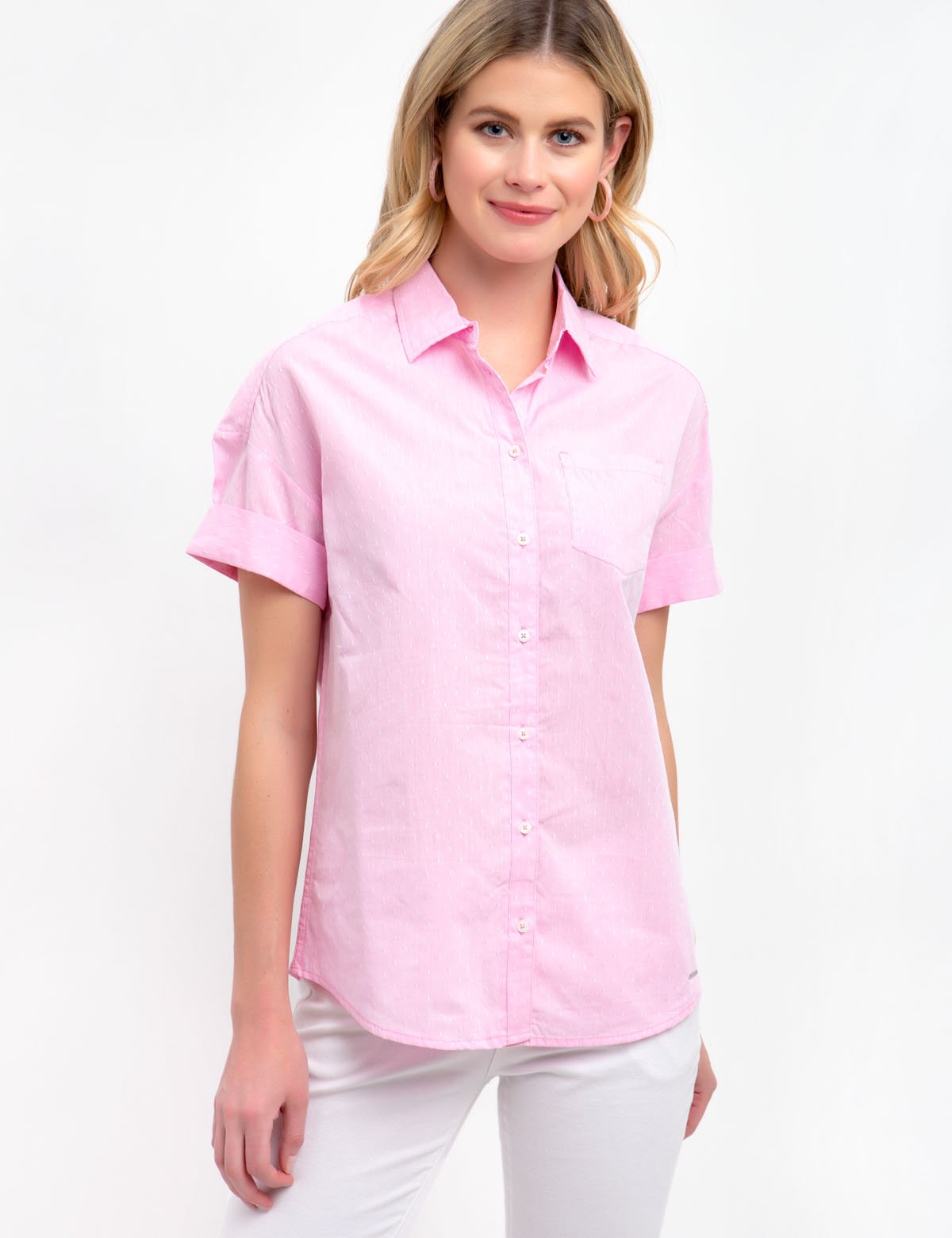 Women's Dot Button Front Shirt with Rolled Sleeves - Casual Blouse
