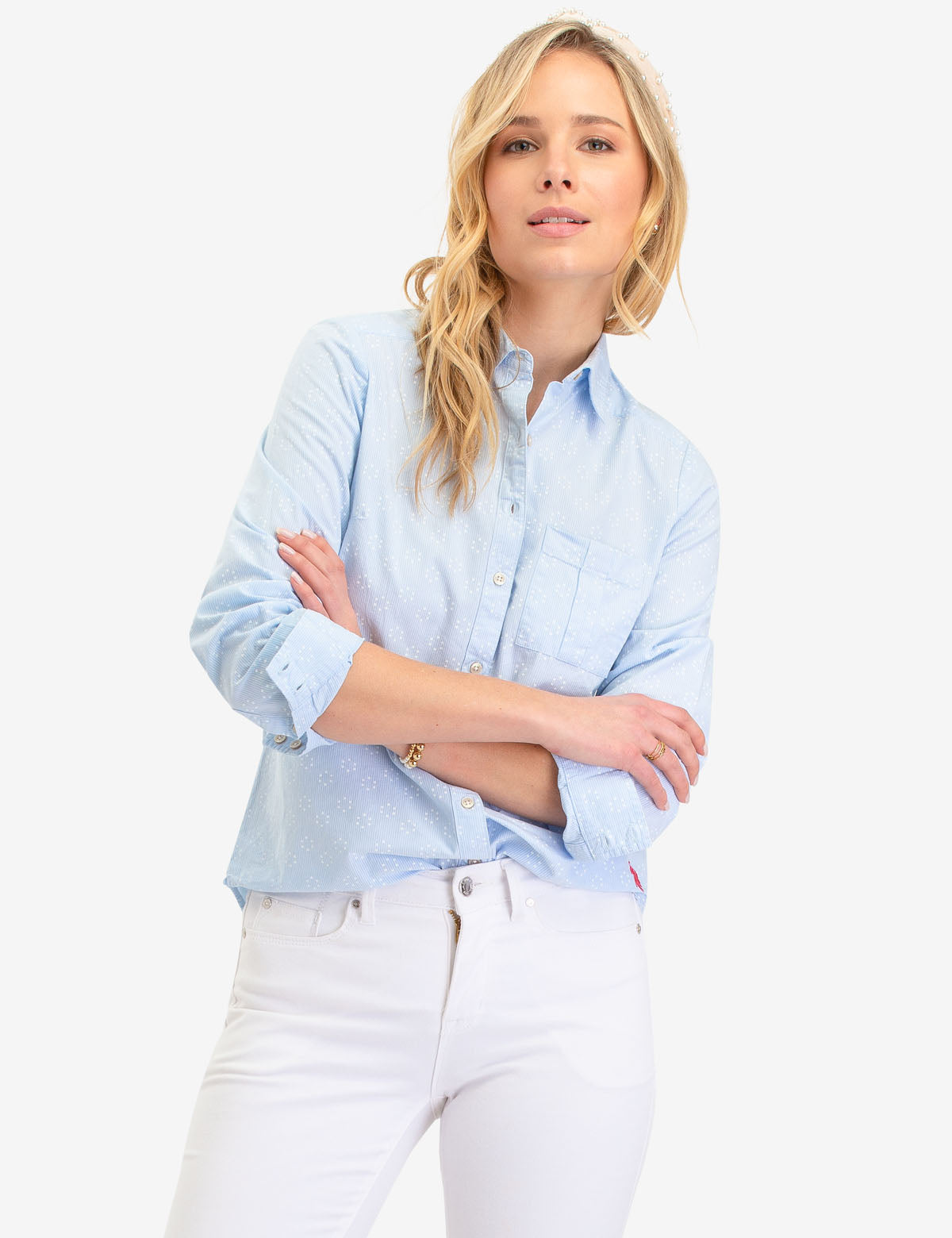 Men's Dot Pattern Oxford Long Sleeve Shirt with Patch Pocket