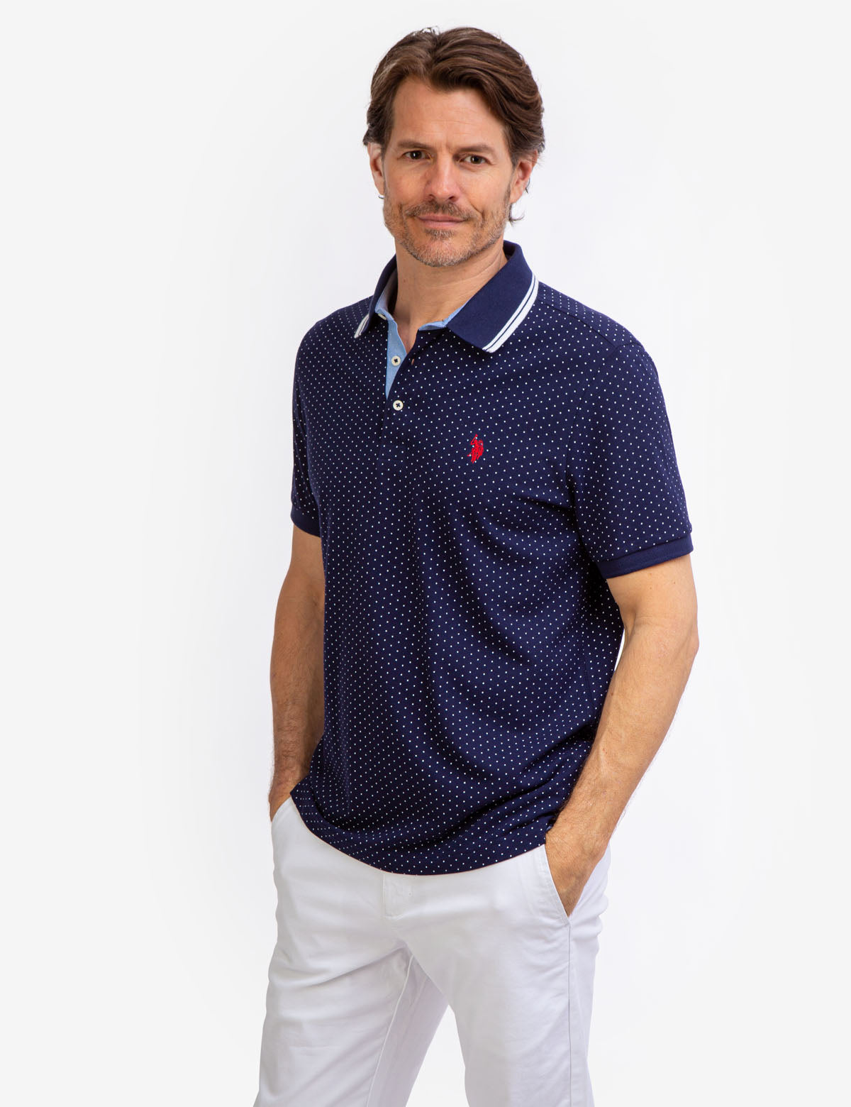 Men's Dot Print Polo Shirt - Breathable Cotton with Vented Sides