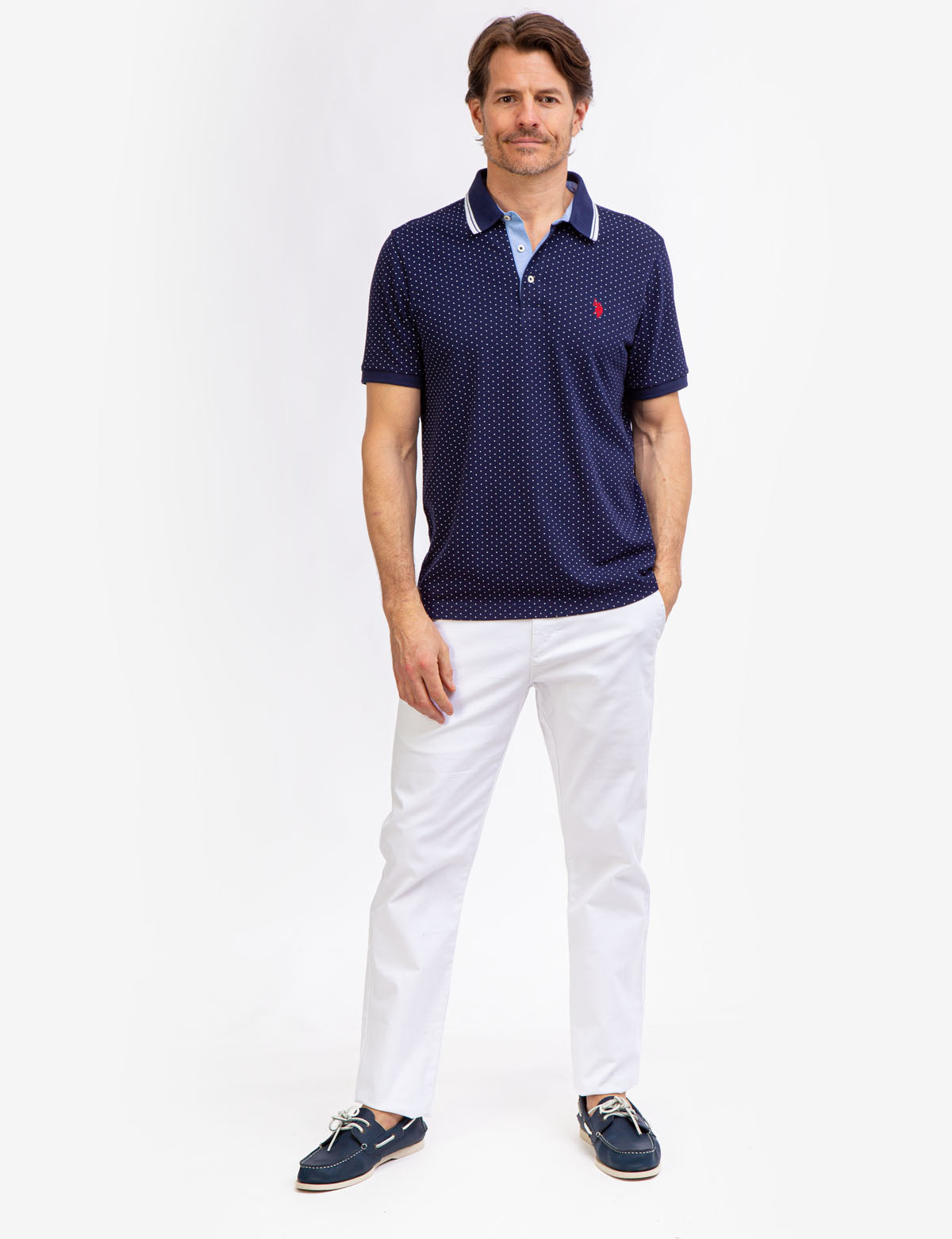 Men's Dot Print Polo Shirt - Breathable Cotton with Vented Sides