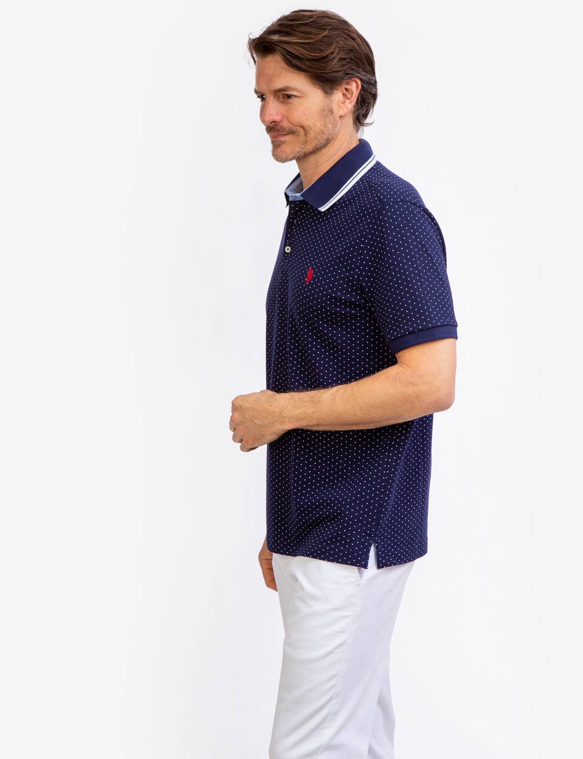 Men's Dot Print Polo Shirt - Breathable Cotton with Vented Sides
