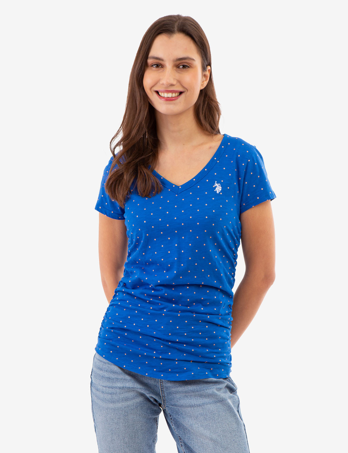 Dot Print Ruched Side V-Neck T-Shirt – Women's Casual Top