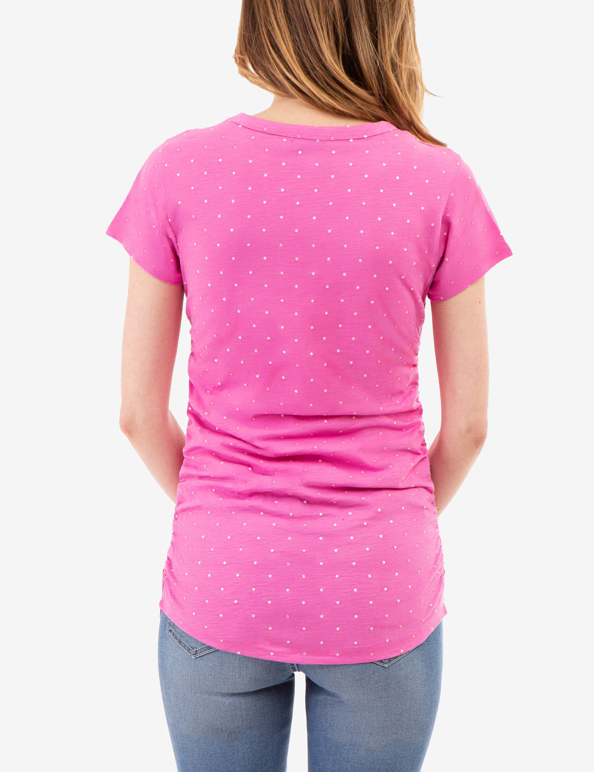 Dot Print Ruched Side V-Neck T-Shirt – Women's Casual Top