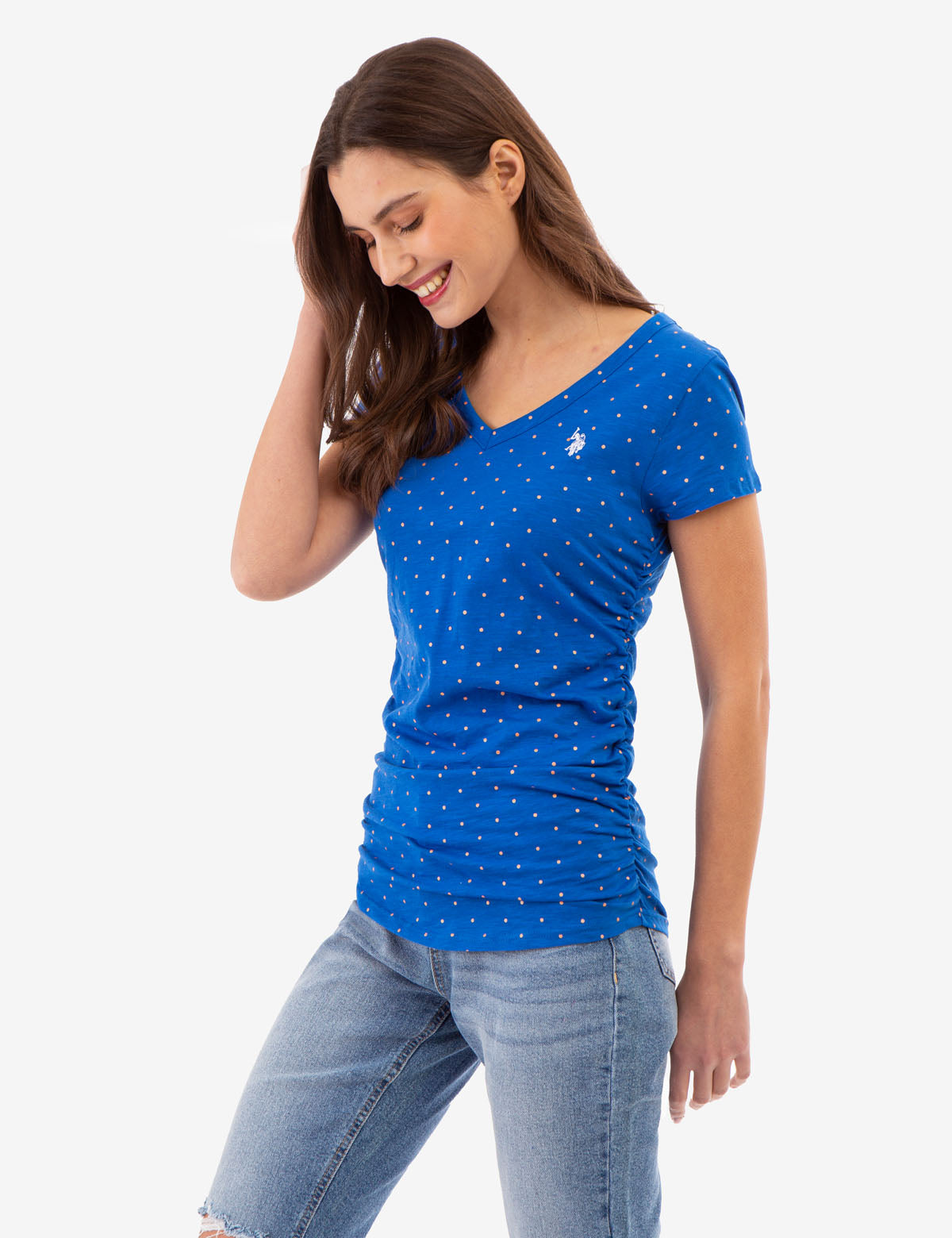 Dot Print Ruched Side V-Neck T-Shirt – Women's Casual Top