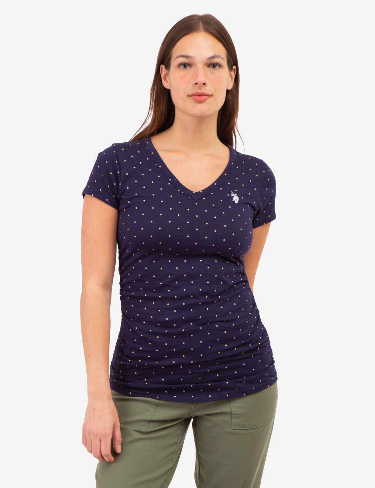 Dot Print Ruched Side V-Neck T-Shirt – Women's Casual Top