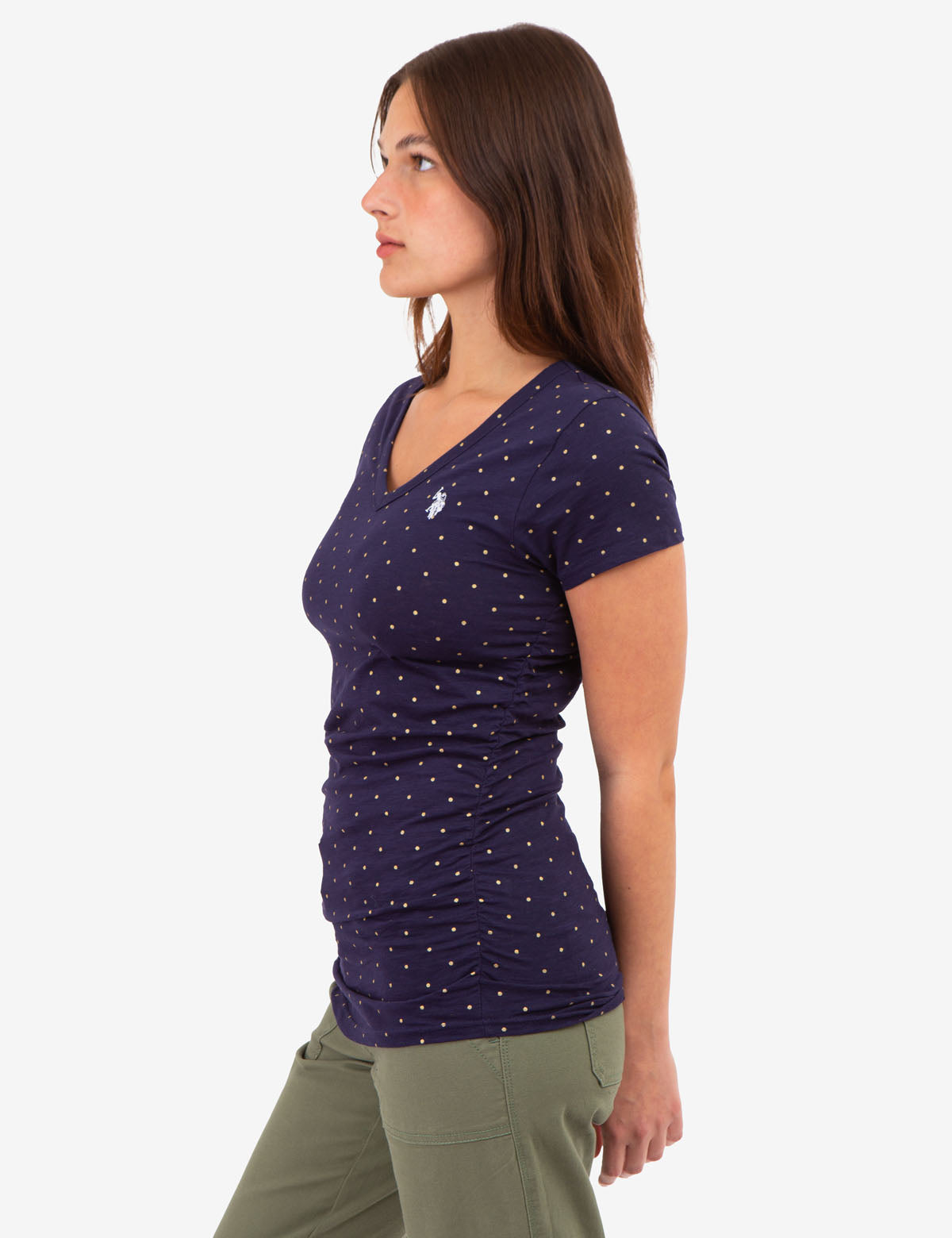 Dot Print Ruched Side V-Neck T-Shirt – Women's Casual Top