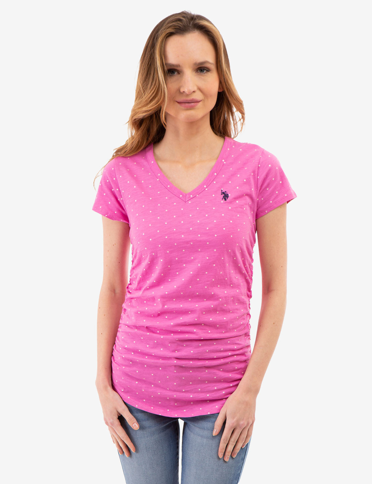 Dot Print Ruched Side V-Neck T-Shirt – Women's Casual Top