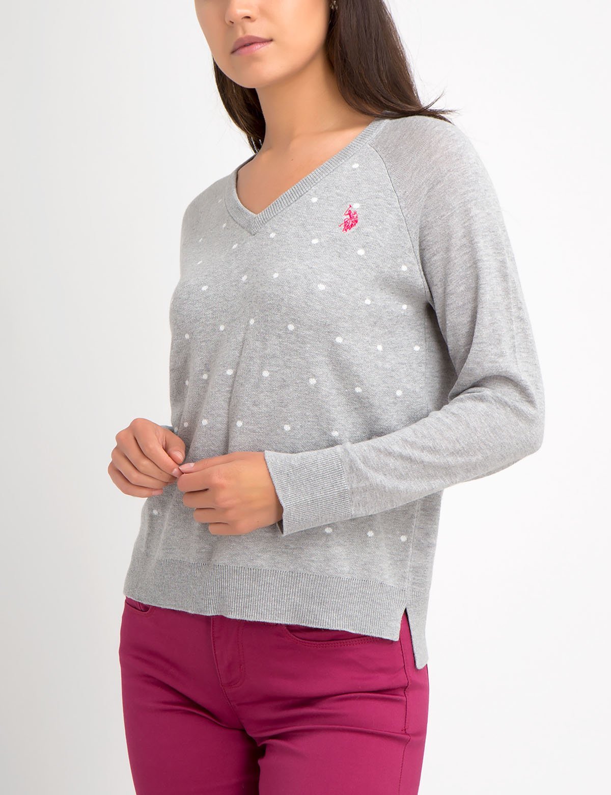 Women's Dot Print V-Neck Sweater - 100% Acrylic Knit Pullover