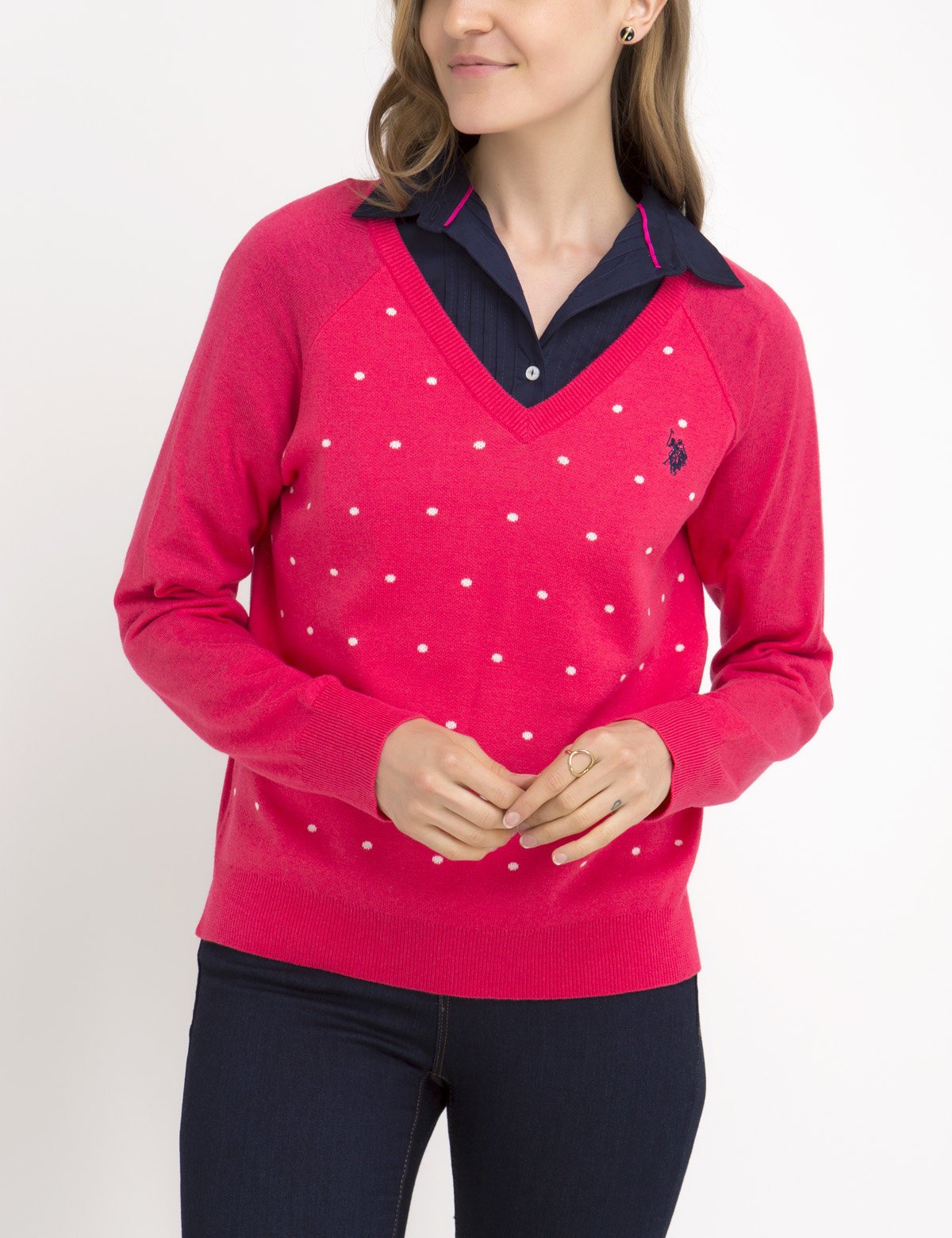 Women's Dot Print V-Neck Sweater - 100% Acrylic Knit Pullover
