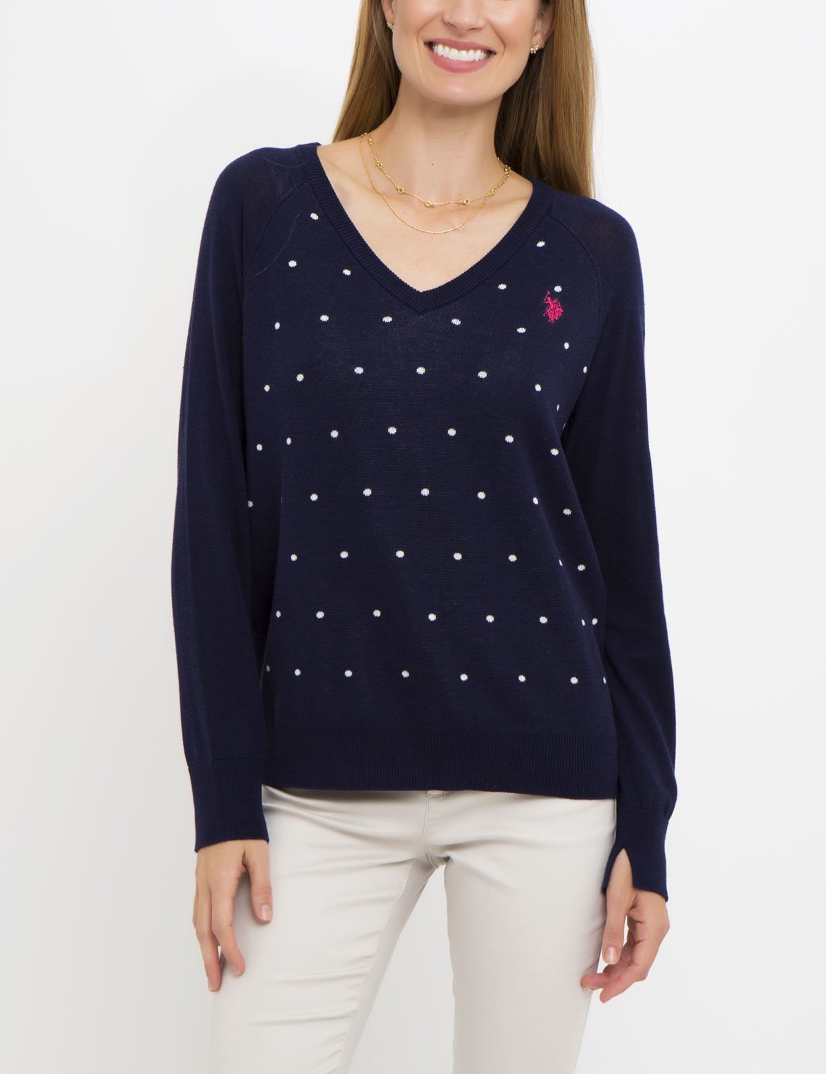 Women's Dot Print V-Neck Sweater - 100% Acrylic Knit Pullover