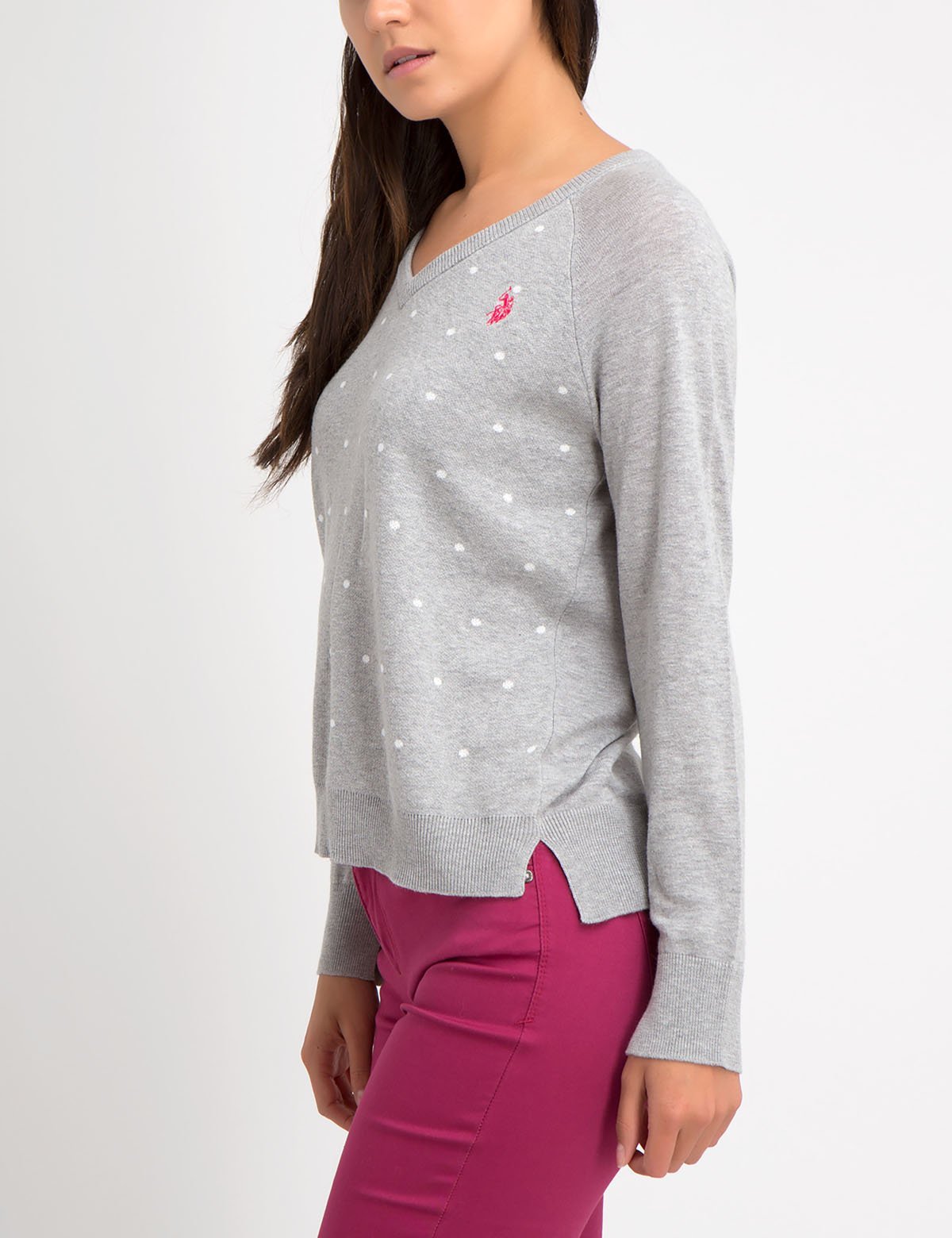 Women's Dot Print V-Neck Sweater - 100% Acrylic Knit Pullover