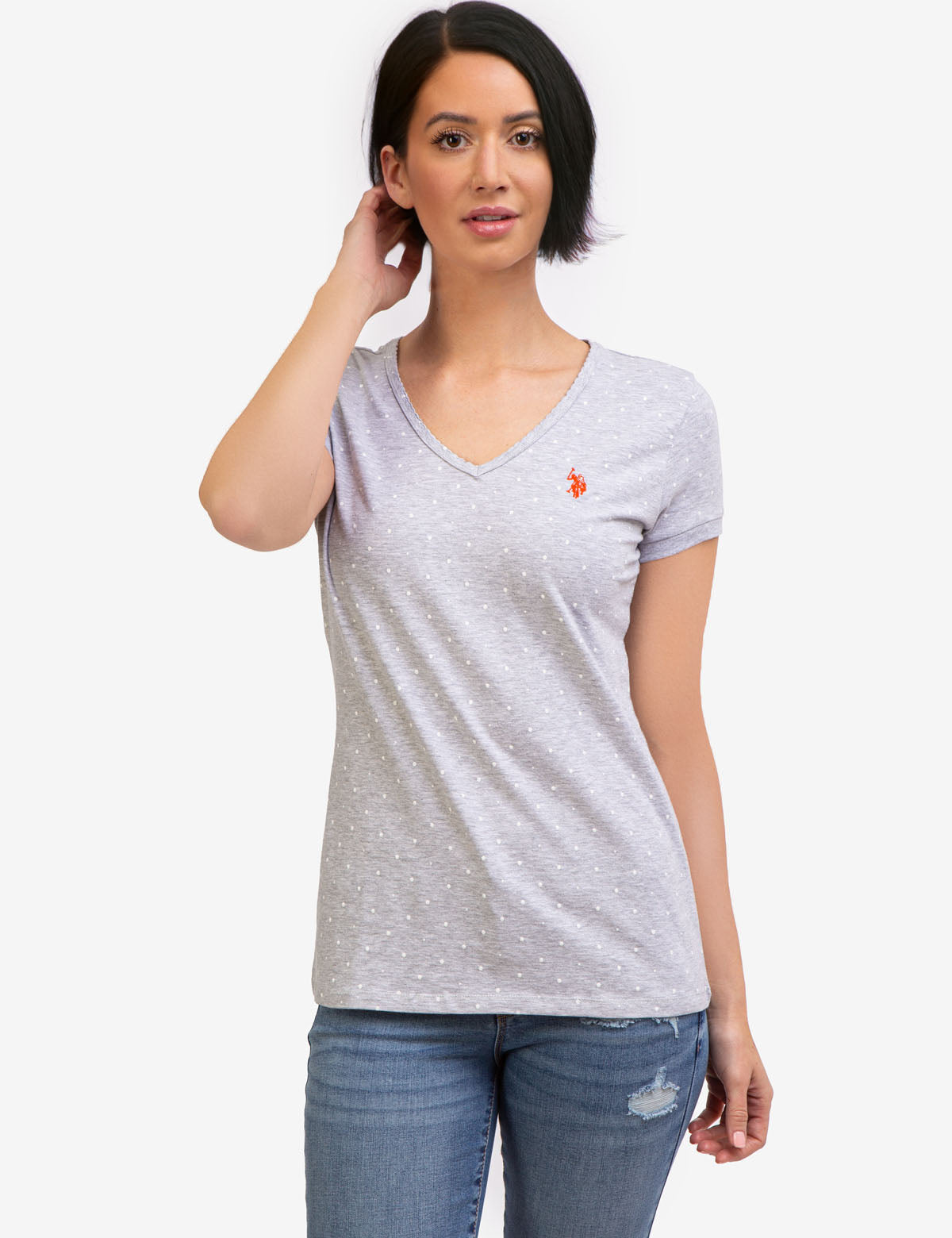 Dot Print V-Neck T-Shirt - Cotton Spandex Blend Tee