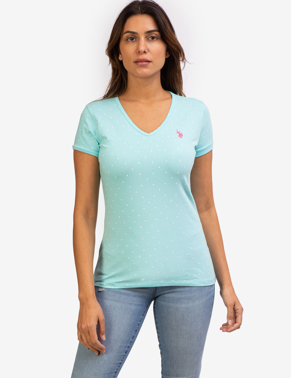 Dot Print V-Neck T-Shirt - Cotton Spandex Blend Tee