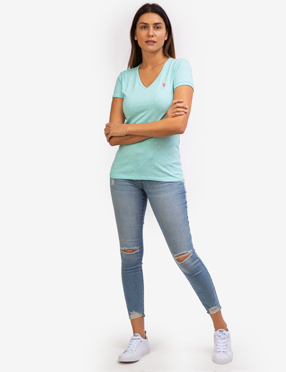 Dot Print V-Neck T-Shirt - Cotton Spandex Blend Tee