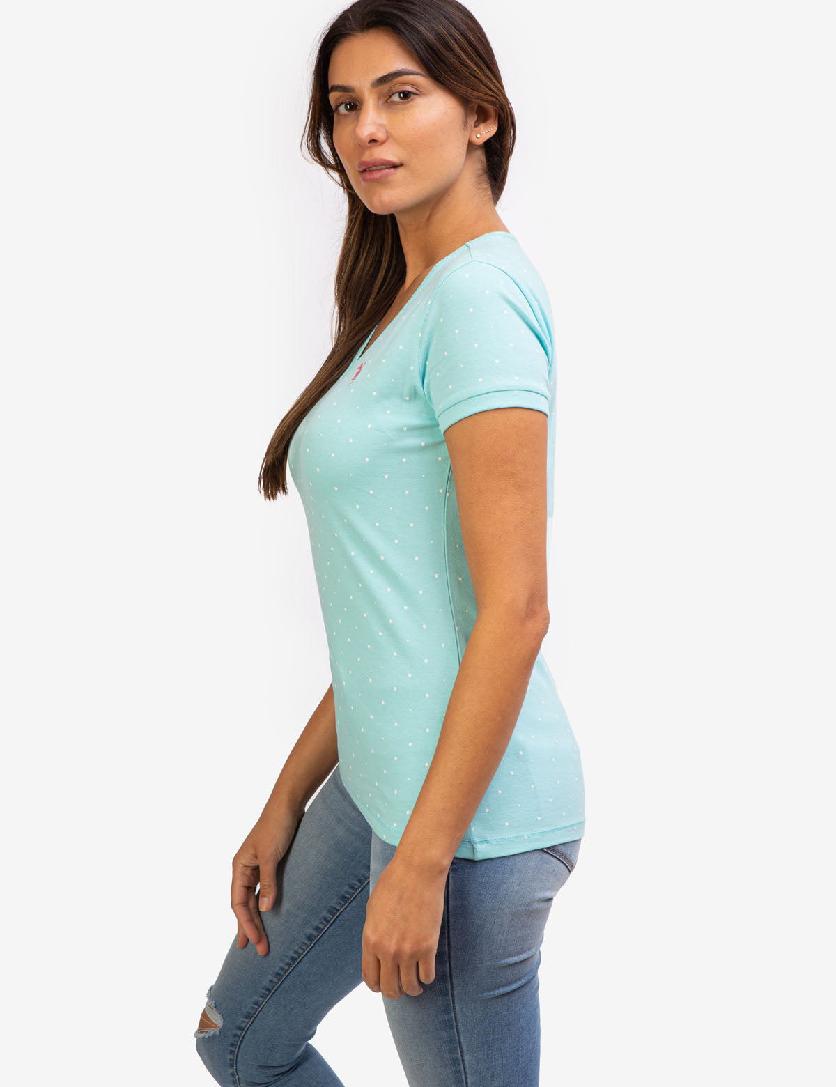 Dot Print V-Neck T-Shirt - Cotton Spandex Blend Tee