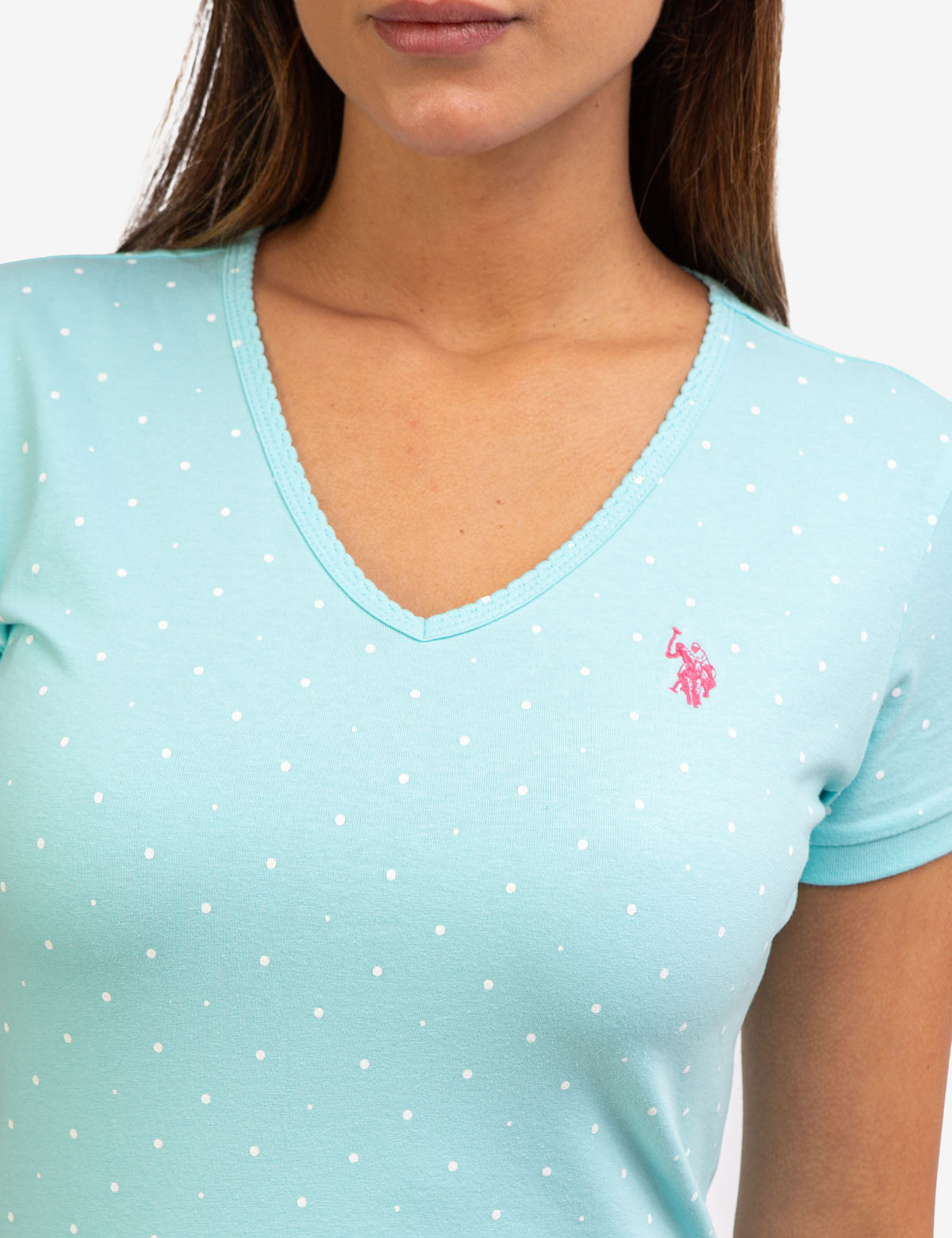 Dot Print V-Neck T-Shirt - Cotton Spandex Blend Tee
