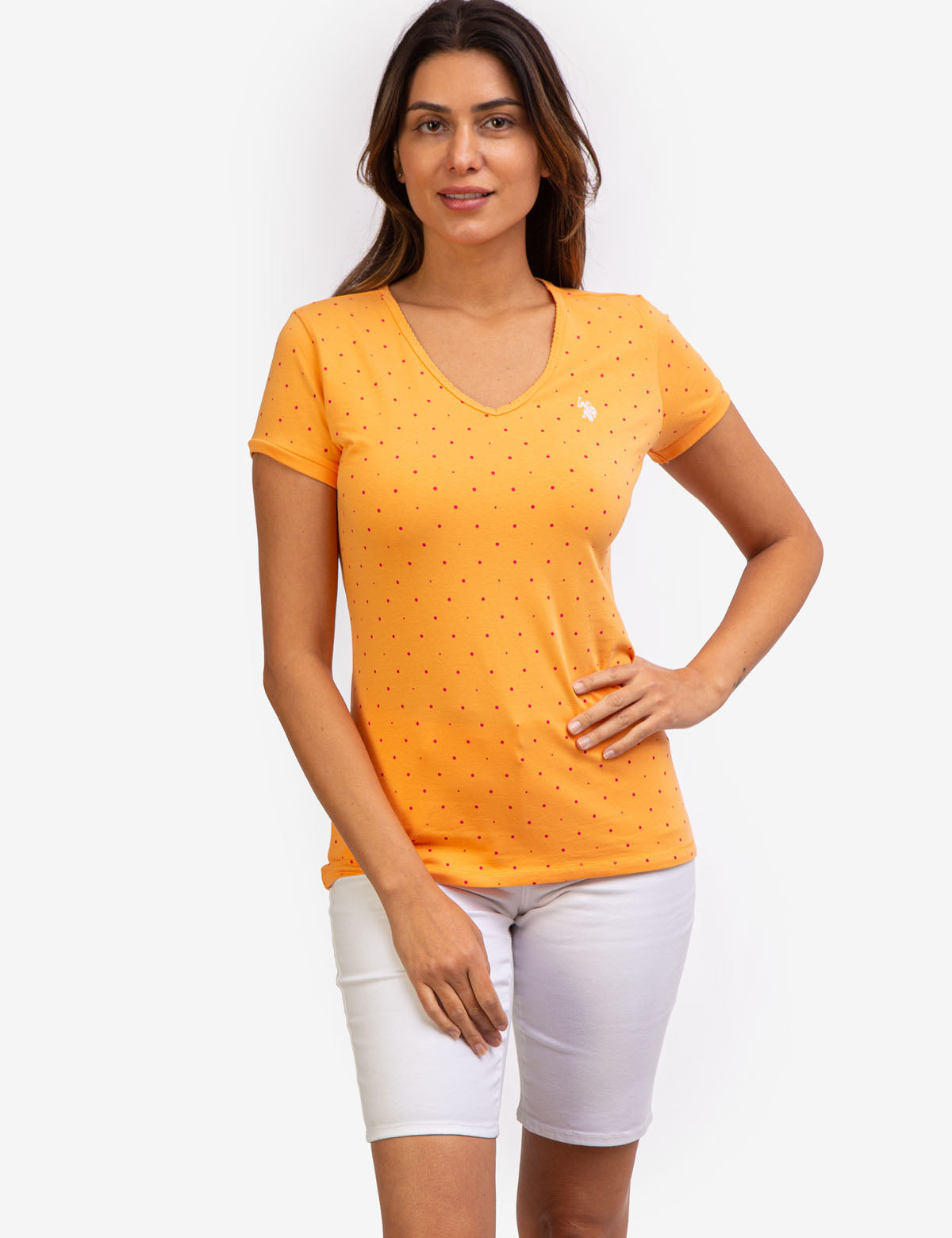 Dot Print V-Neck T-Shirt - Cotton Spandex Blend Tee