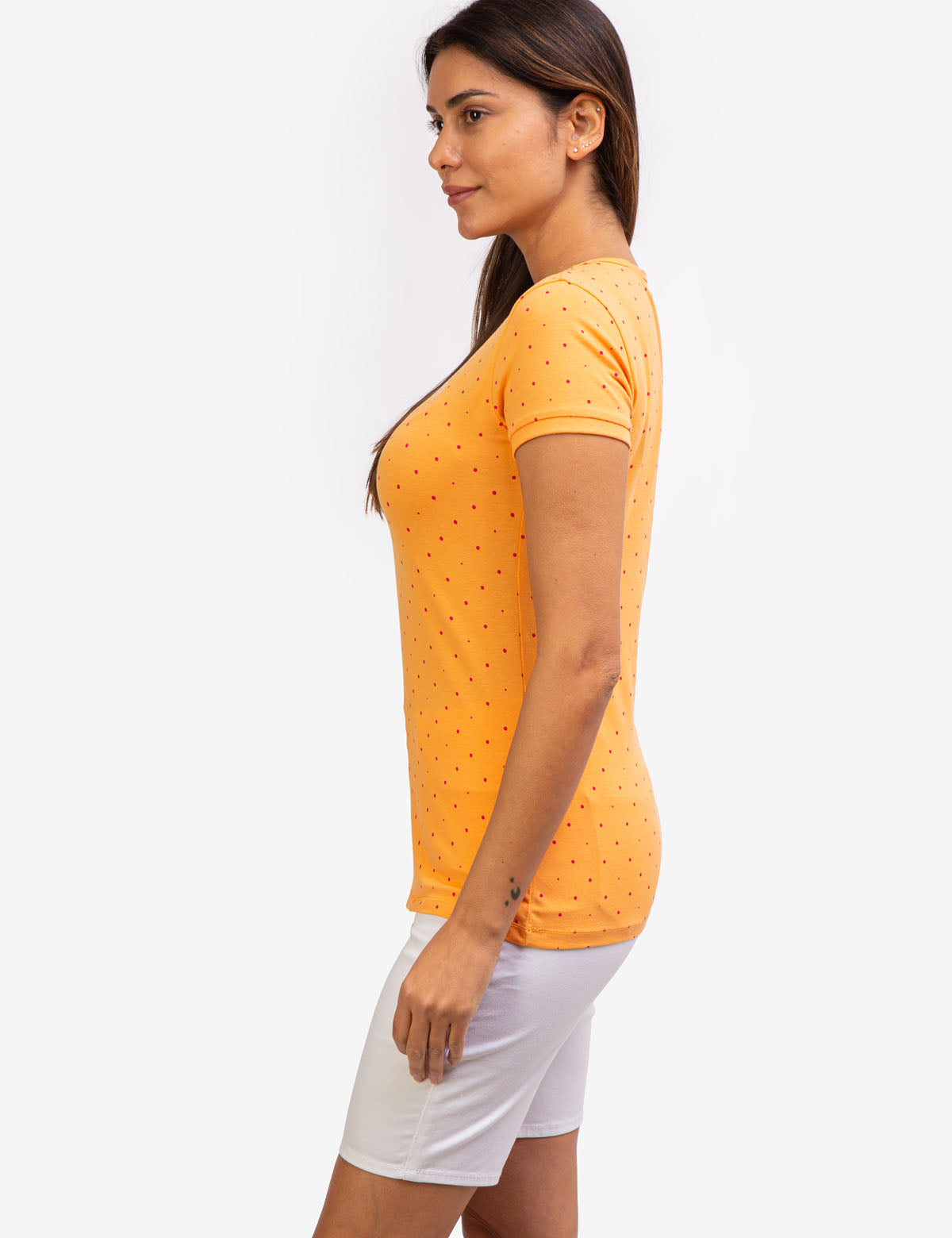 Dot Print V-Neck T-Shirt - Cotton Spandex Blend Tee