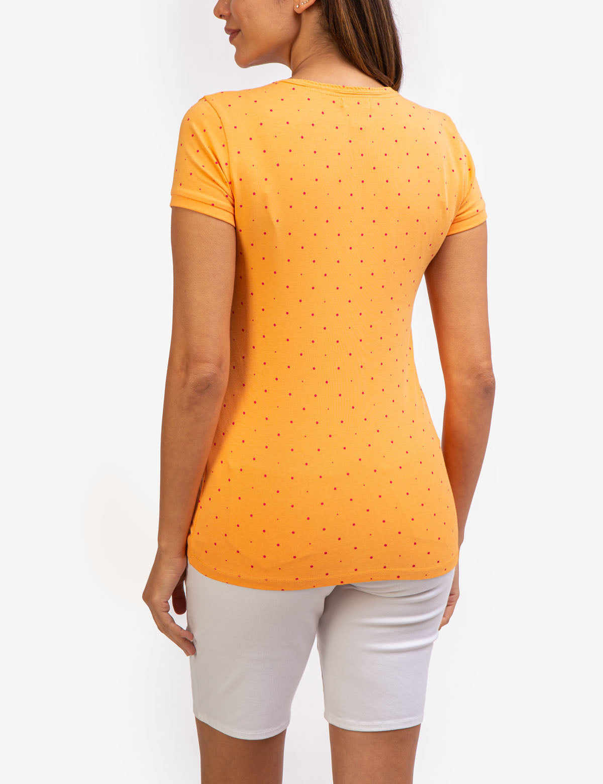 Dot Print V-Neck T-Shirt - Cotton Spandex Blend Tee