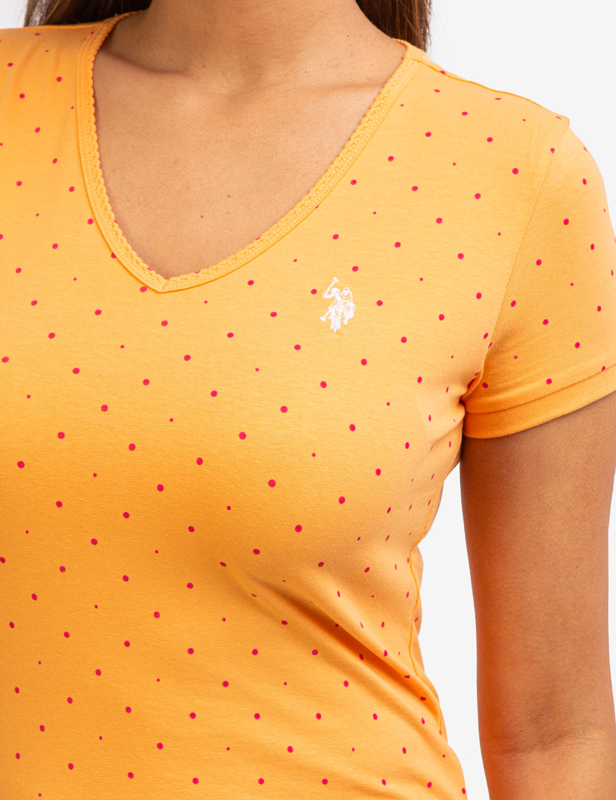 Dot Print V-Neck T-Shirt - Cotton Spandex Blend Tee