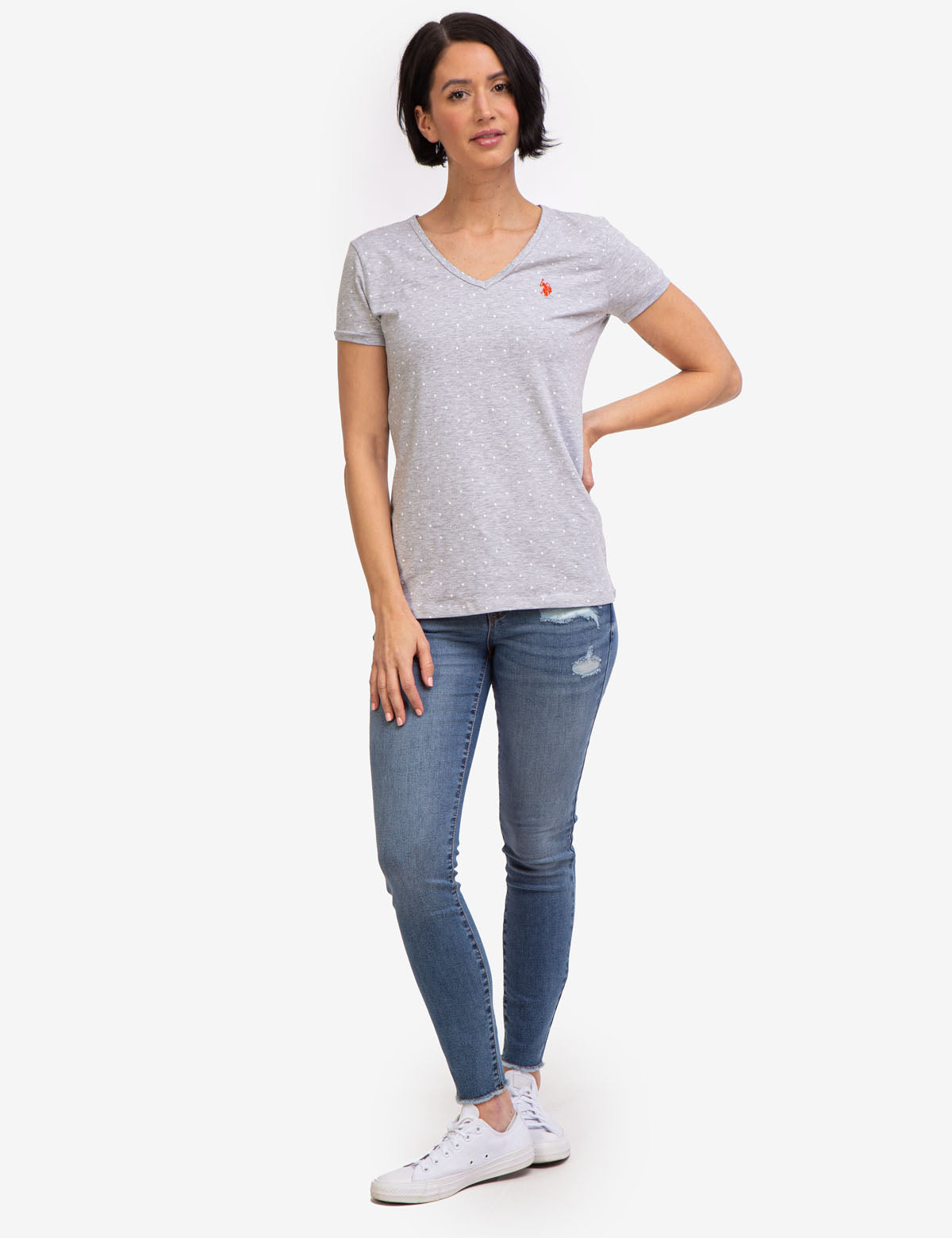 Dot Print V-Neck T-Shirt - Cotton Spandex Blend Tee