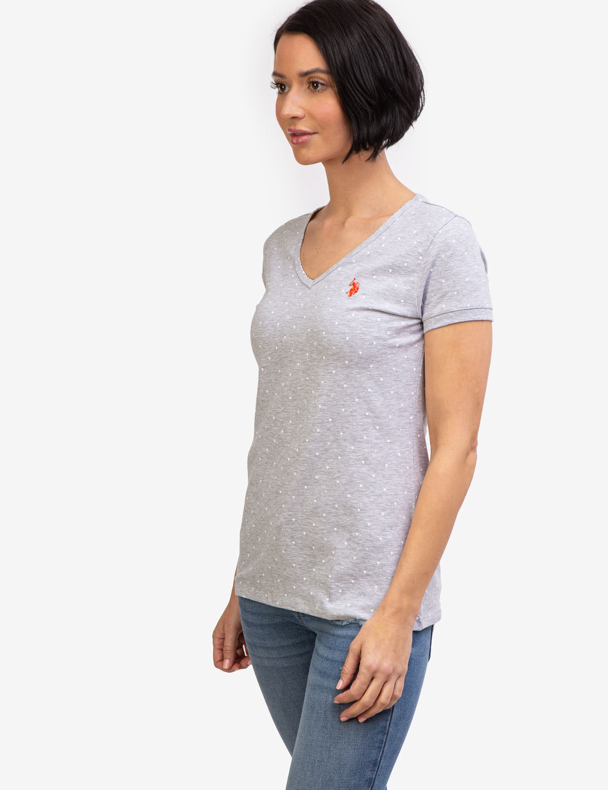 Dot Print V-Neck T-Shirt - Cotton Spandex Blend Tee